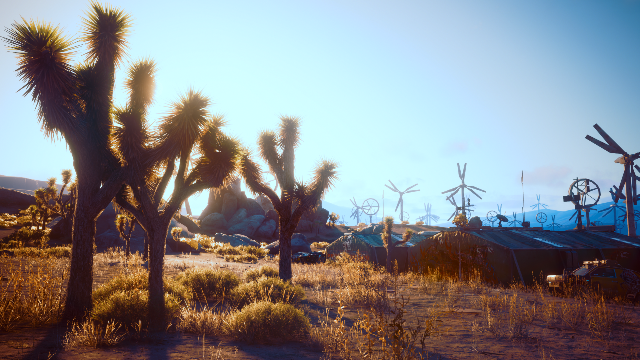 Cyberpunk 2077 desert landscape with wind turbines HD Wallpaper
