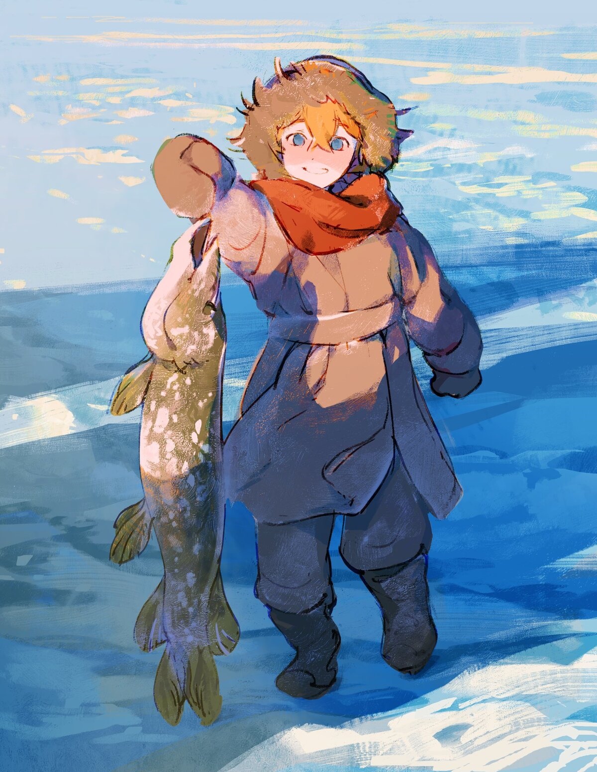 Anime character holding a fish in the snow HD Phone Wallpaper