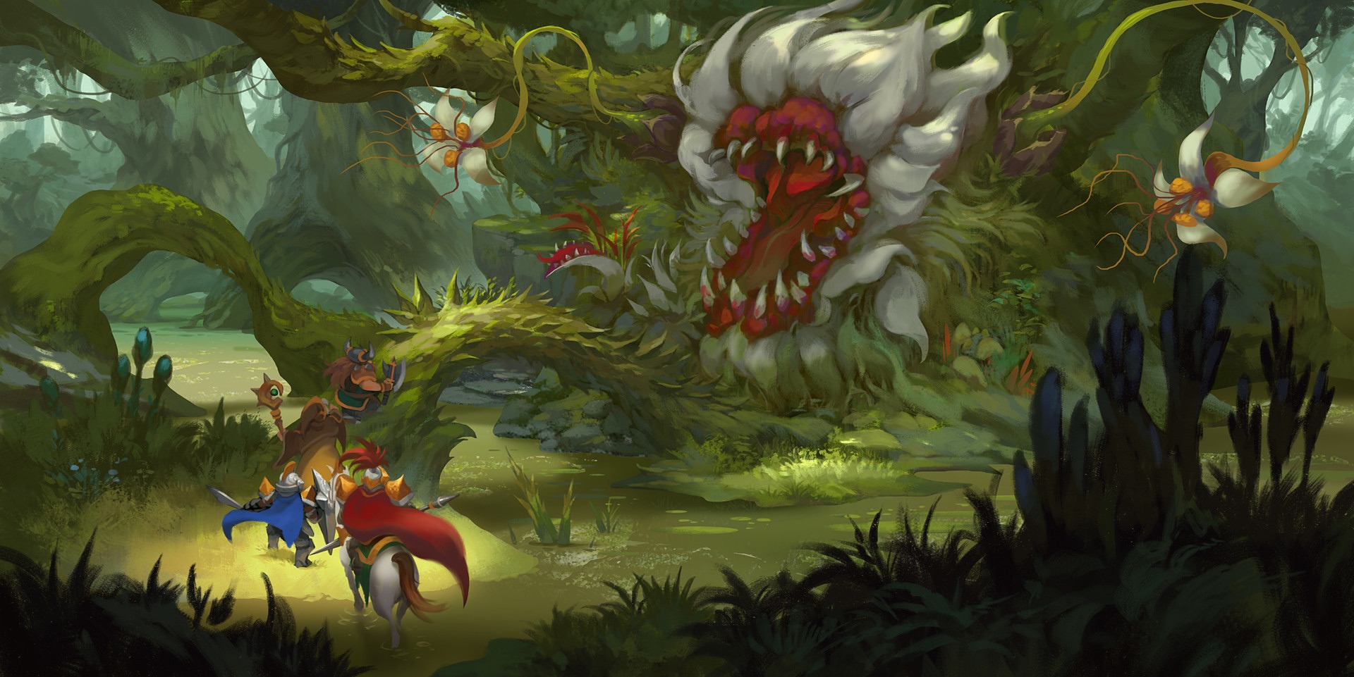 Won Jun Tae's fantasy art of a swamp creature and adventurers HD Wallpaper