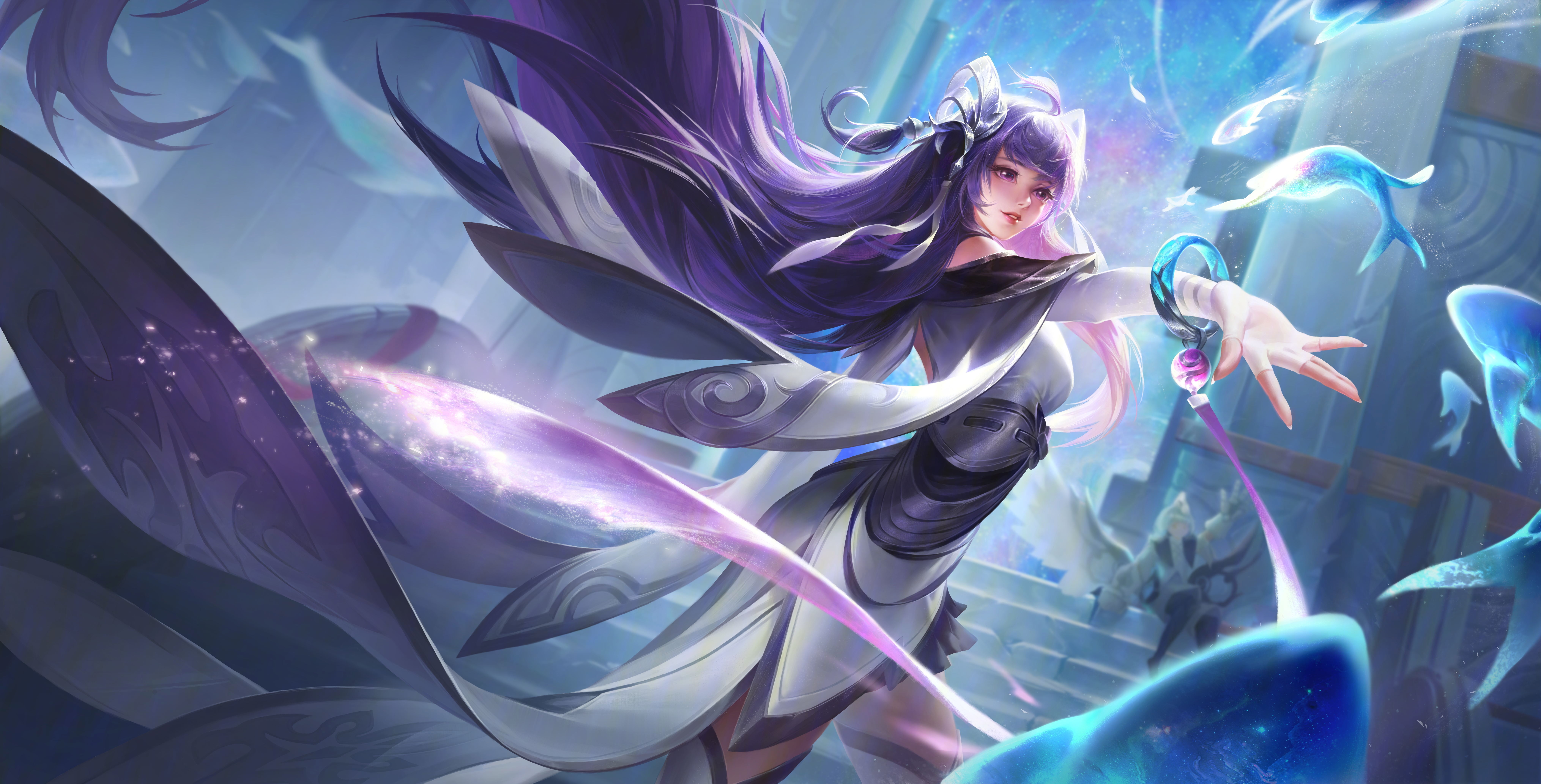 4K illustration of a woman with purple hair and fish HD Wallpaper