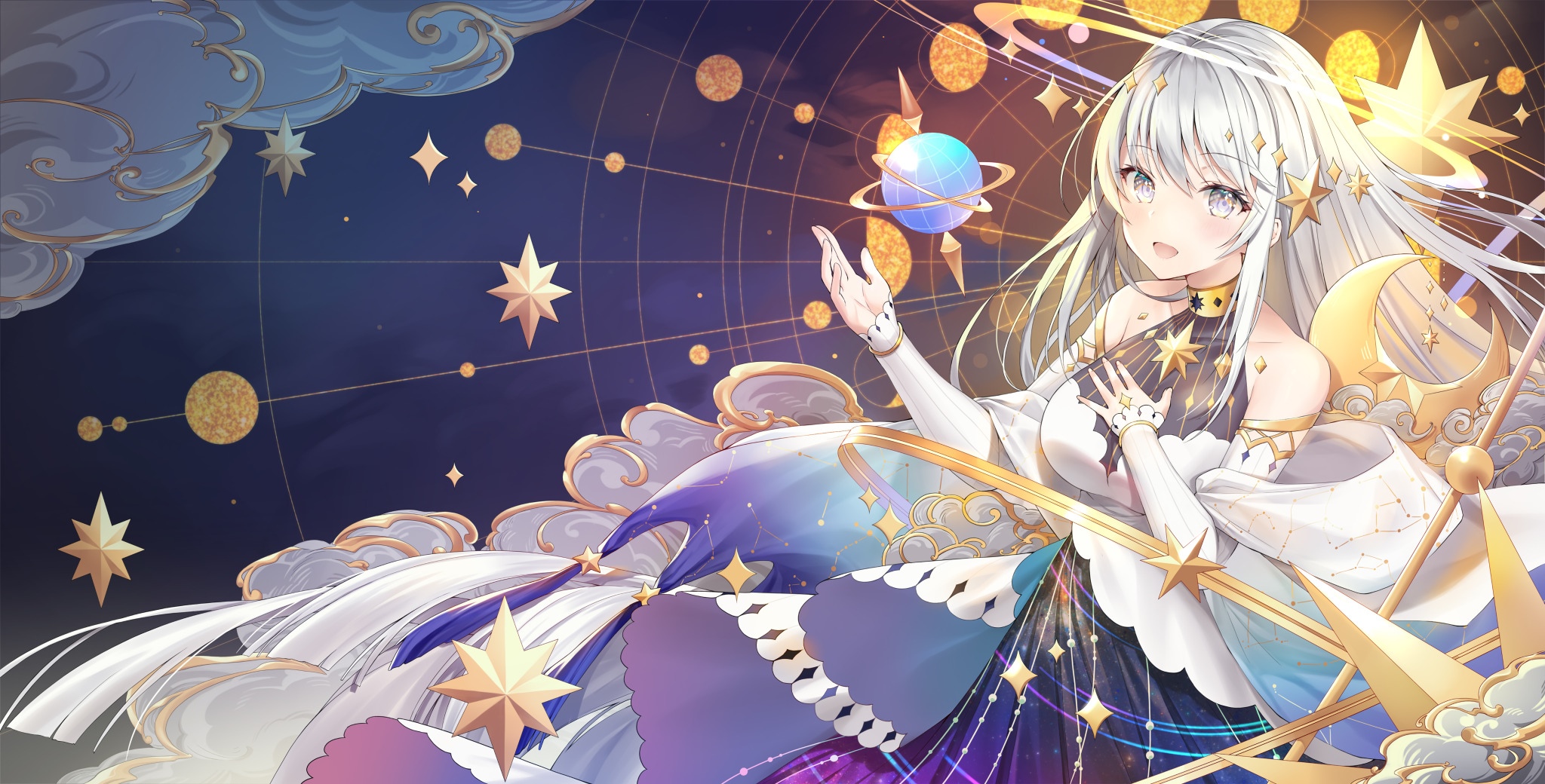 Anime girl with stars and planets HD Wallpaper