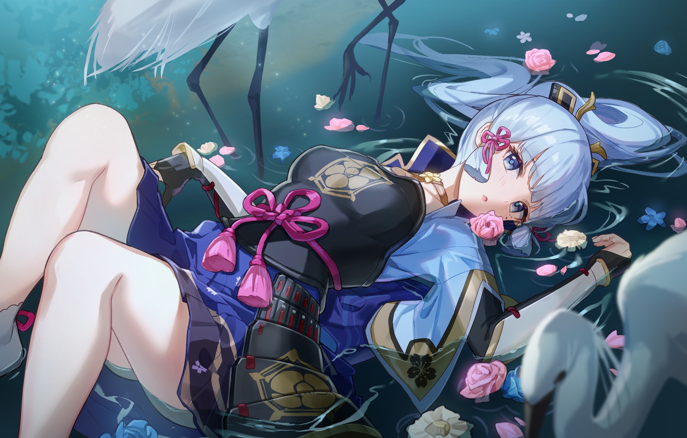 Kamisato Ayaka lying in water with cranes and flowers HD Wallpaper