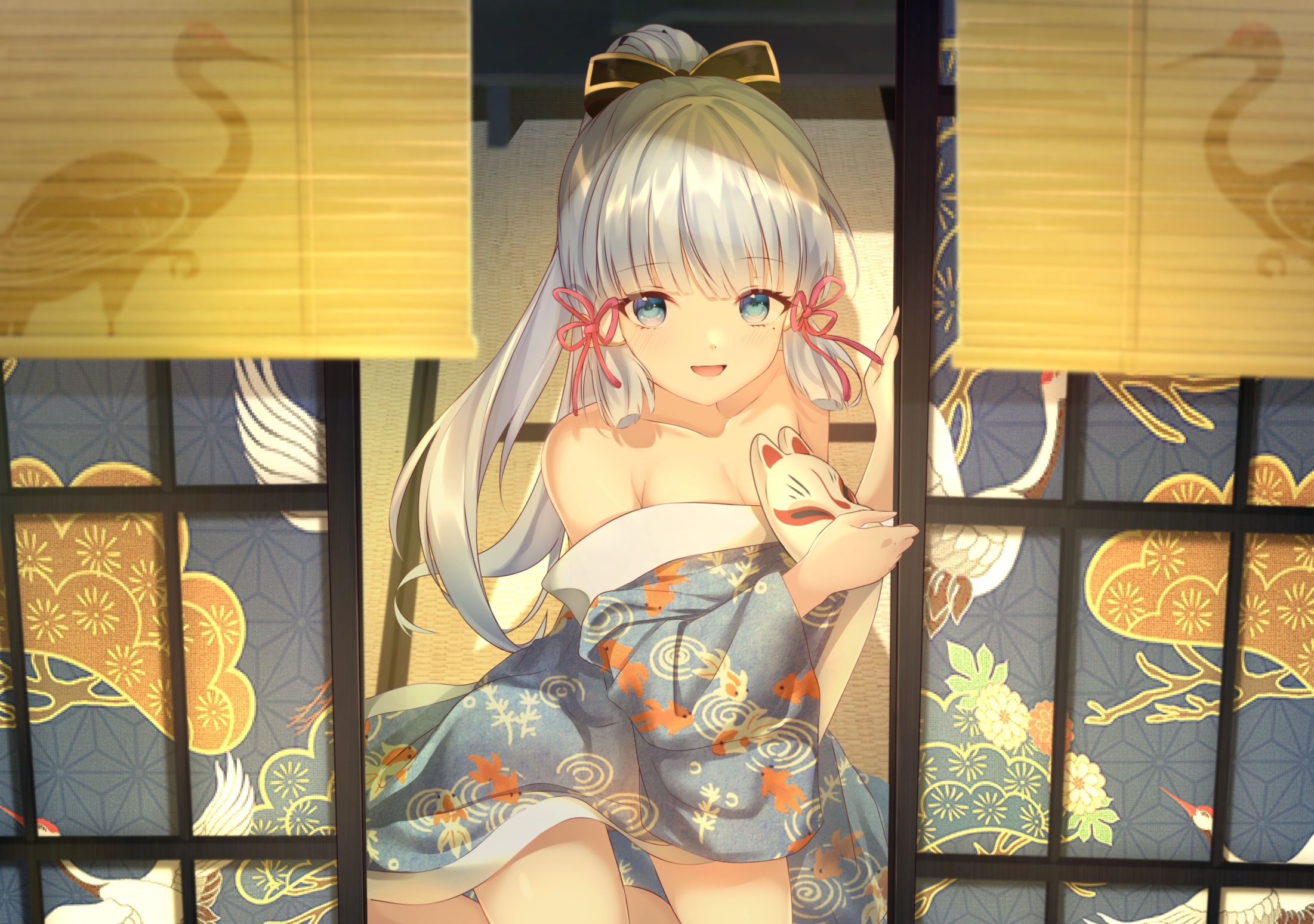 Kamisato Ayaka holding a Kitsune mask HD Wallpaper