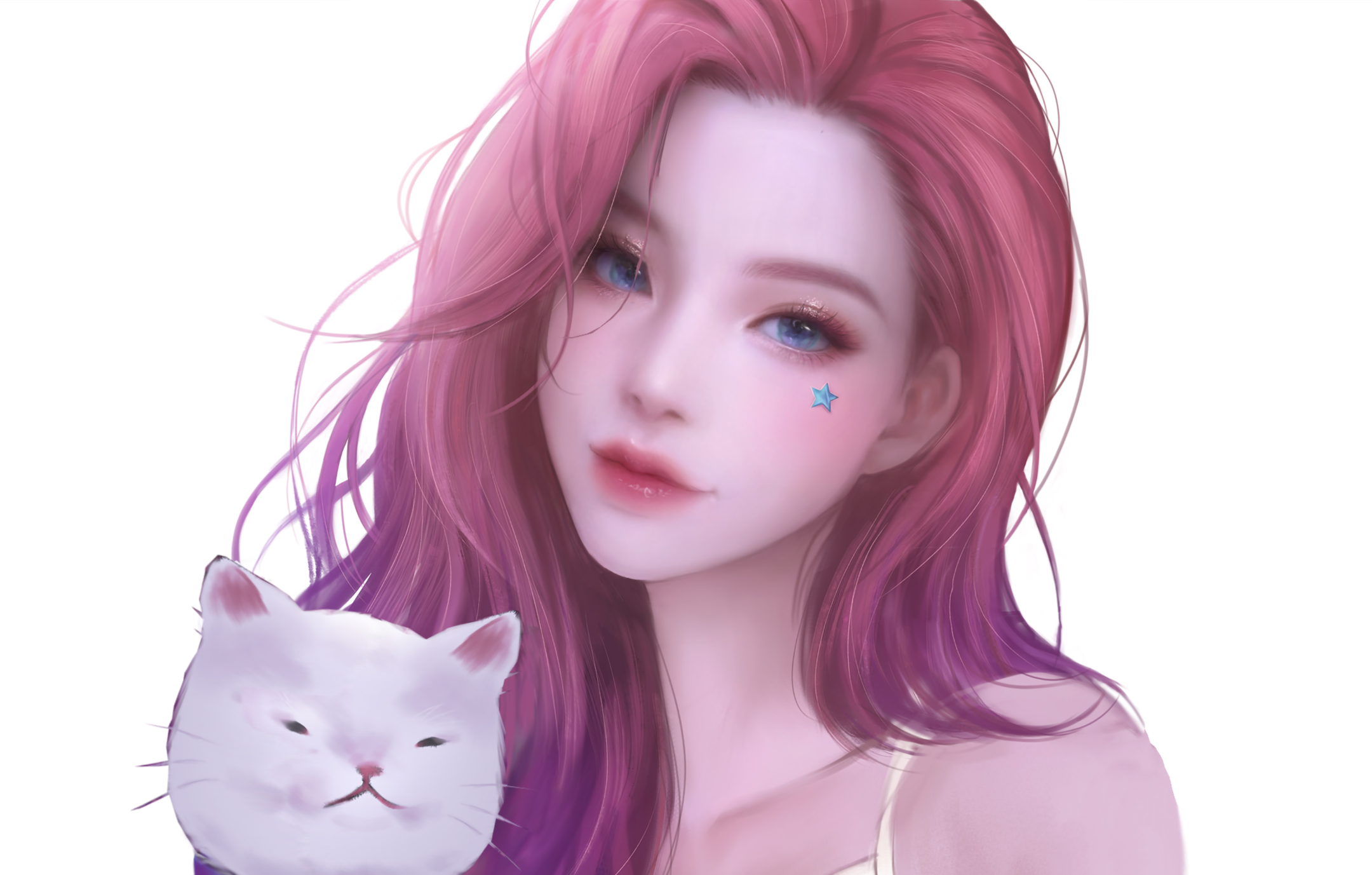 Seraphine with a white cat HD Wallpaper