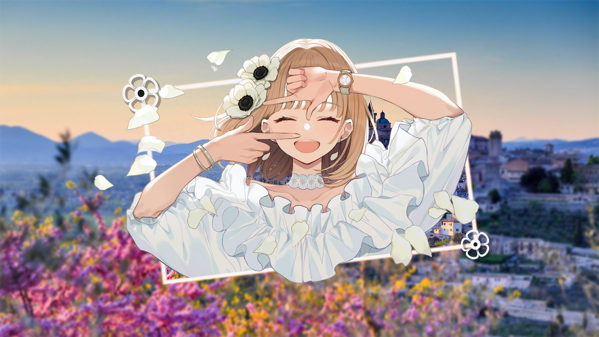 Anime girl with flowers and a cityscape HD Wallpaper