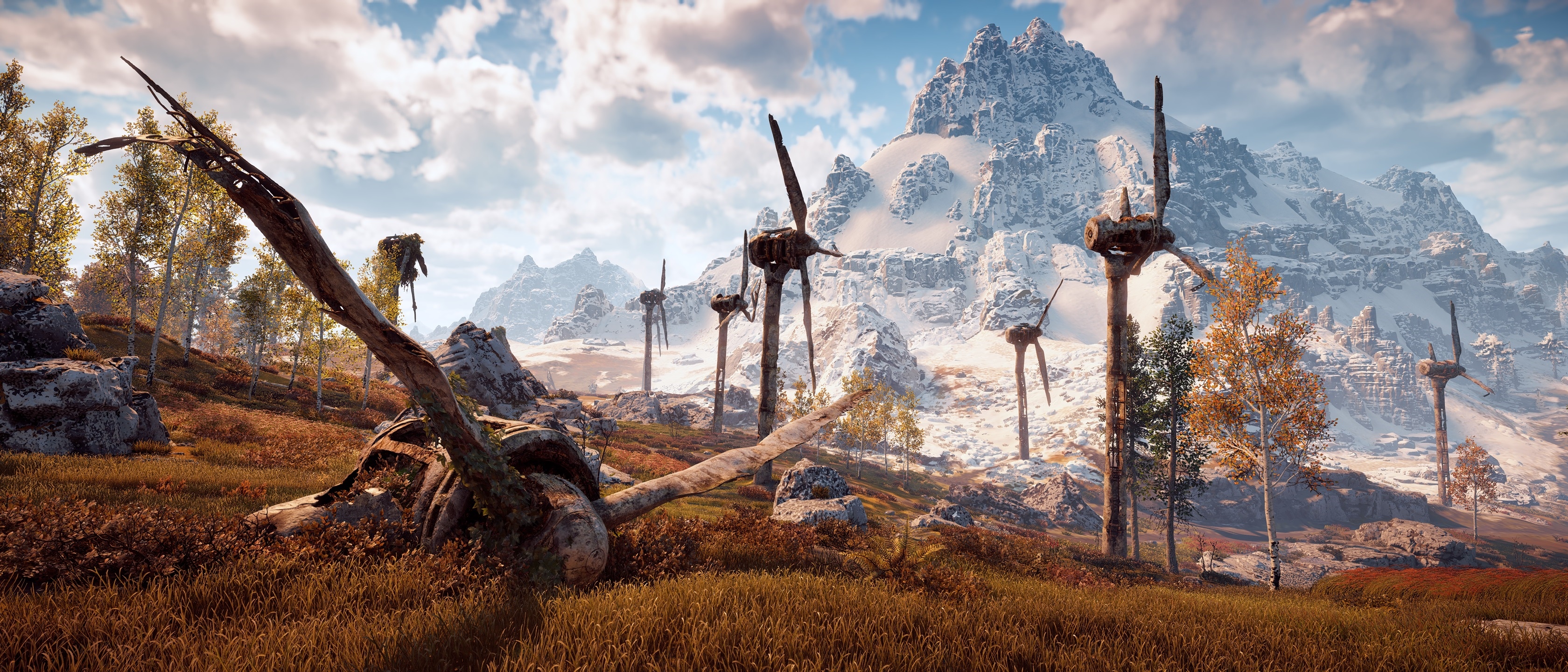 Horizon Zero Dawn wind turbines and snowy mountains HD Wallpaper