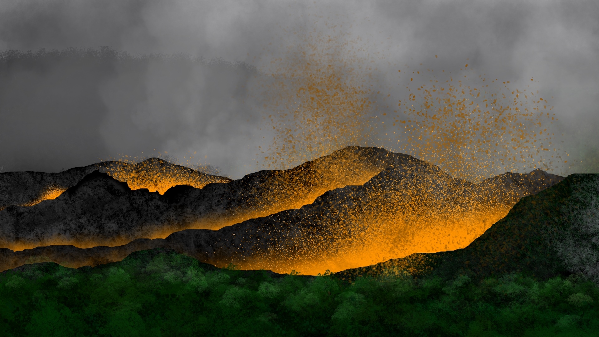 Digital painting of a volcanic eruption over mountains HD Wallpaper
