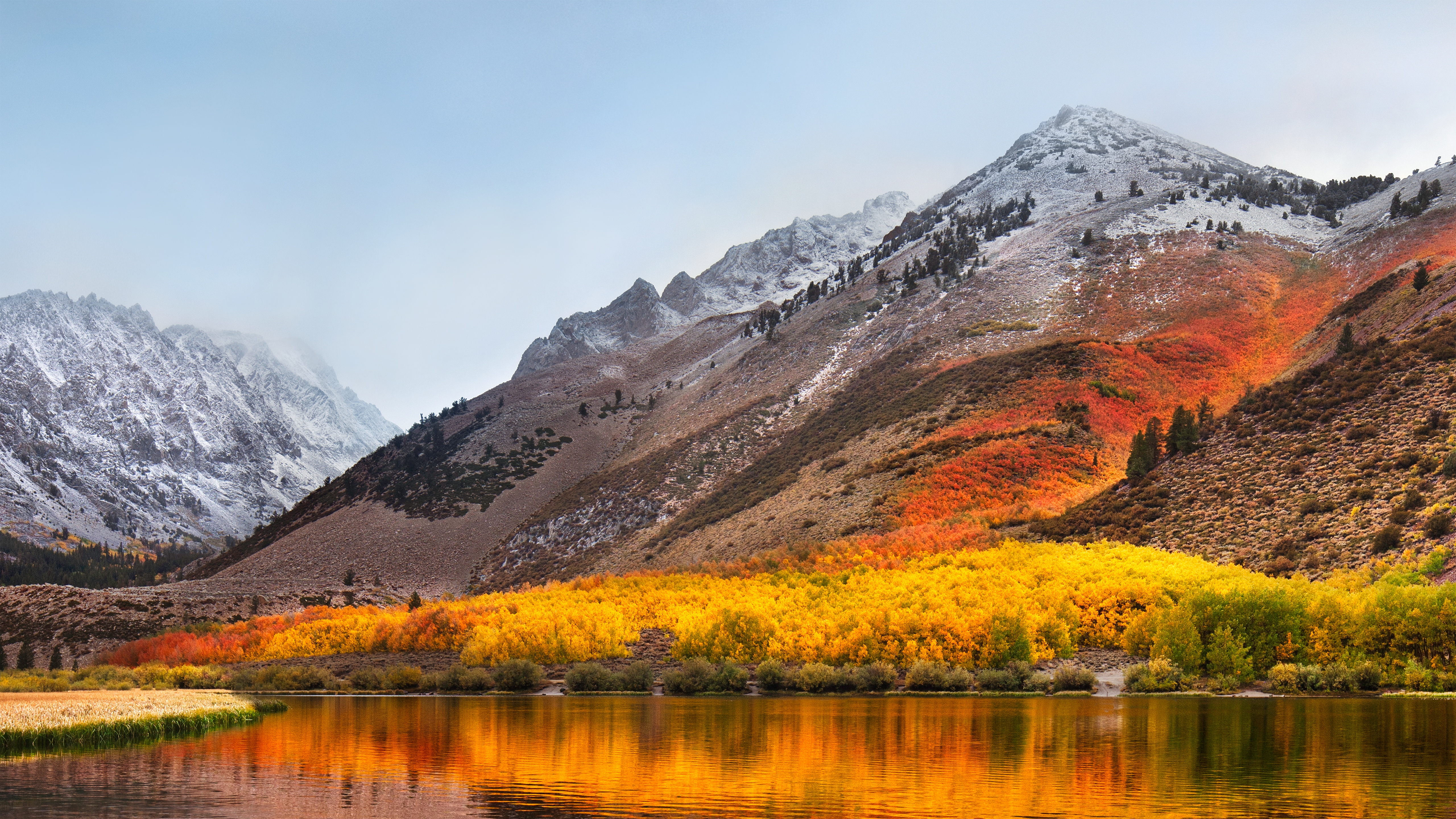 Mountains and lake with fall foliage and snow HD Wallpaper