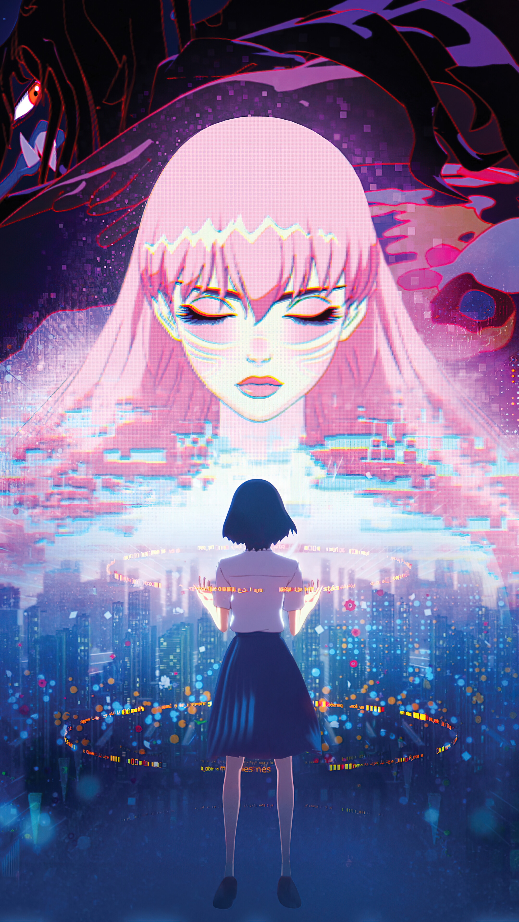 Girl facing a giant digital woman and a dark entity HD Phone Wallpaper