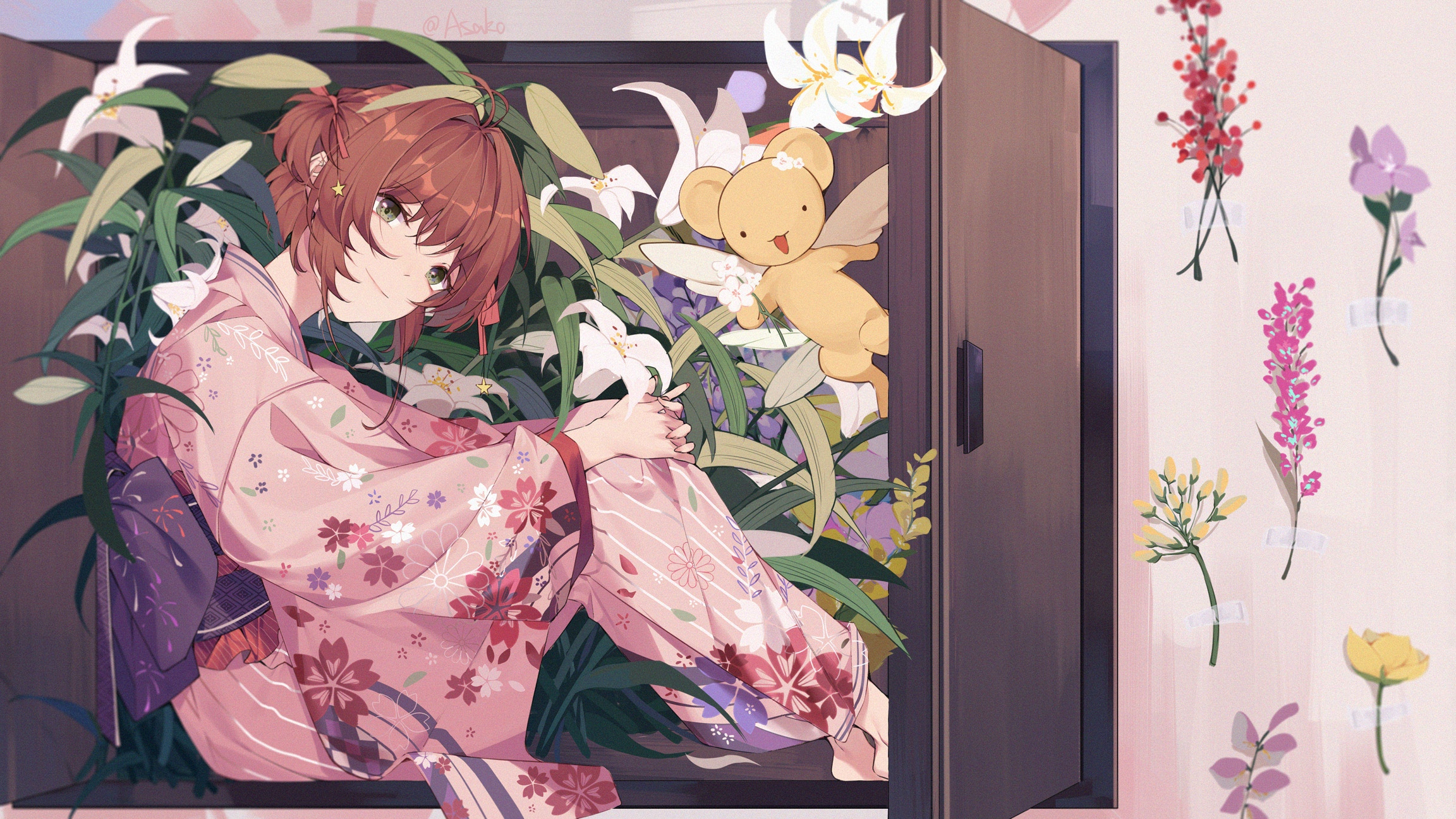 Sakura Kinomoto in a Kimono with Kero HD Wallpaper