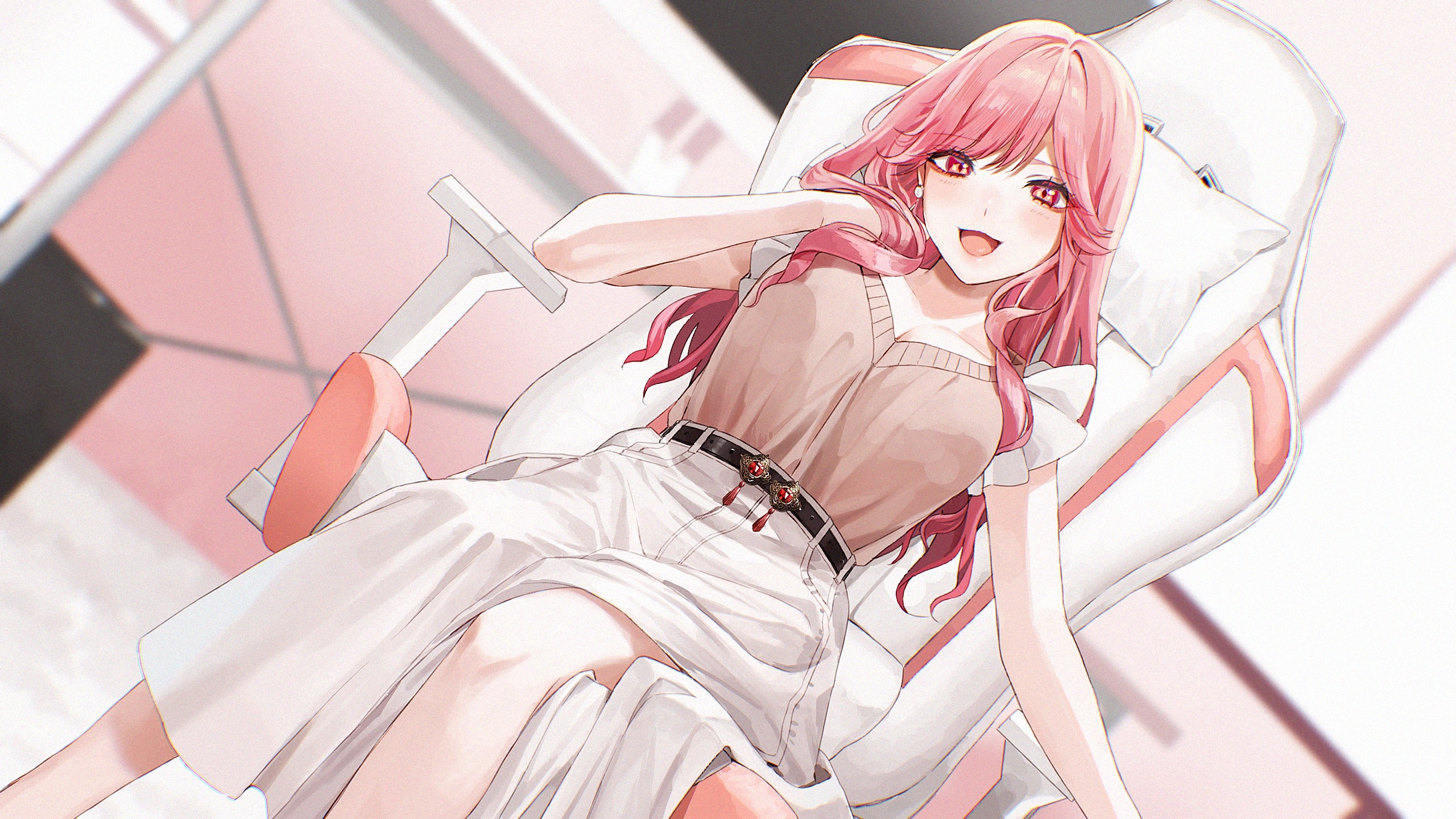 Anime girl with pink hair sitting in a gaming chair HD Wallpaper