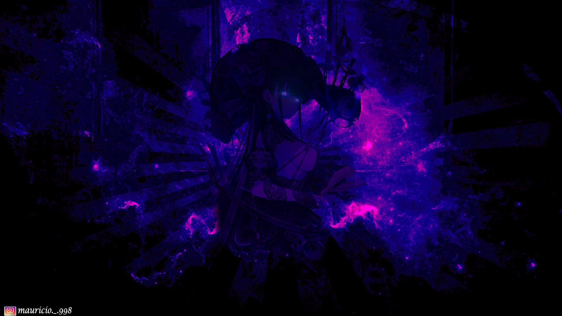 Anime girl with violet clothing and cosmic background HD Wallpaper