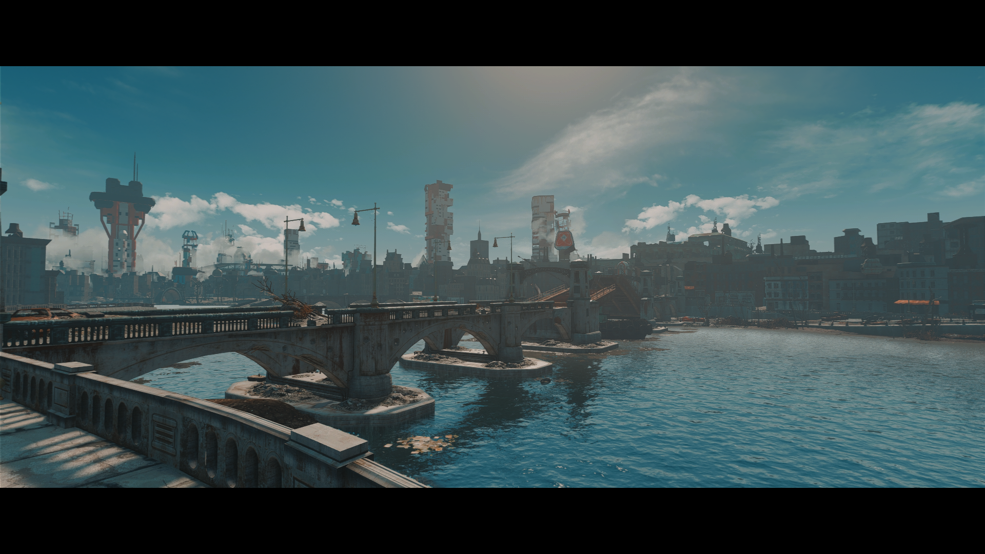 Fallout 4 cityscape with bridge and river HD Wallpaper