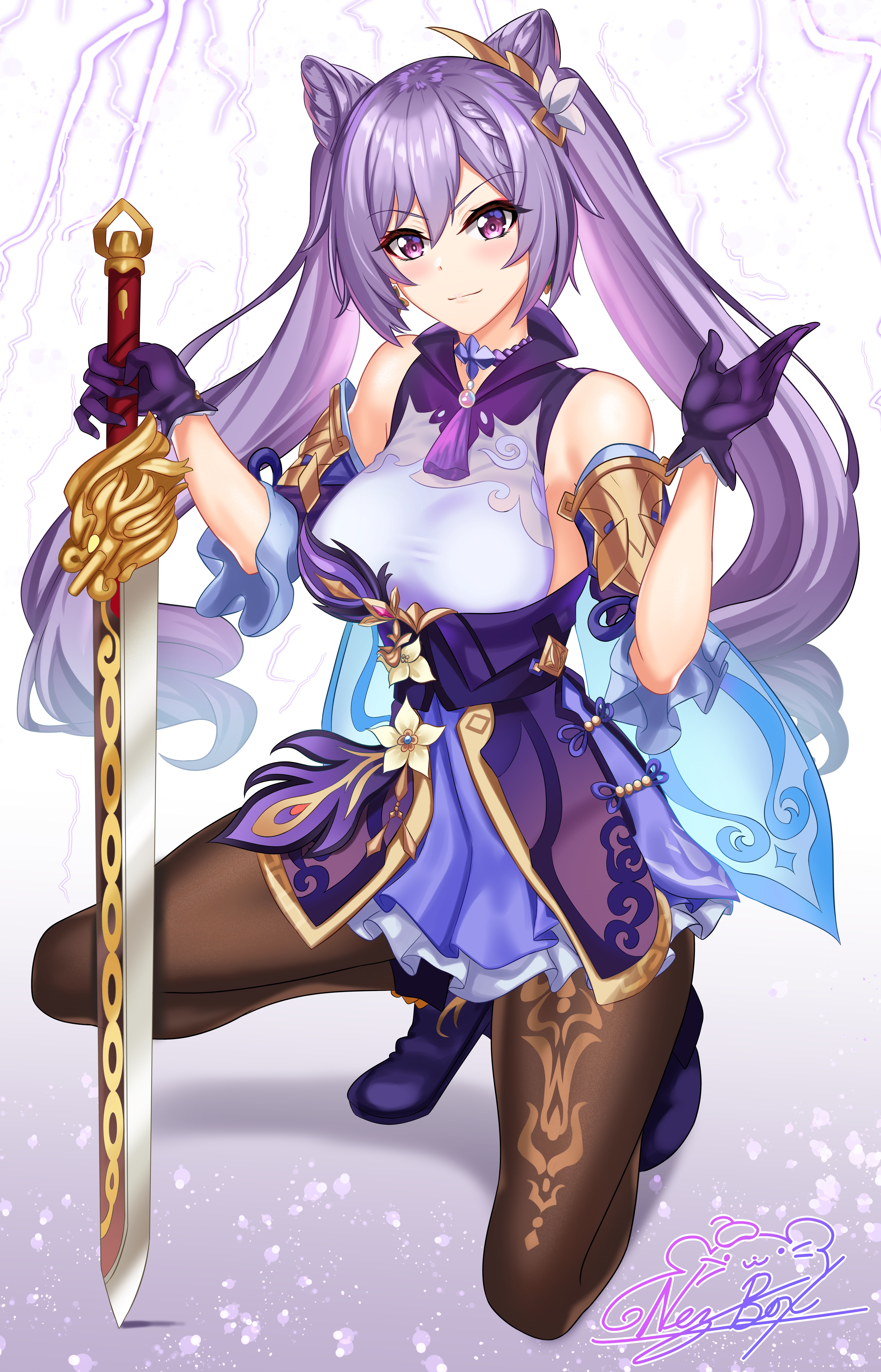 Keqing from Genshin Impact with a sword HD Phone Wallpaper