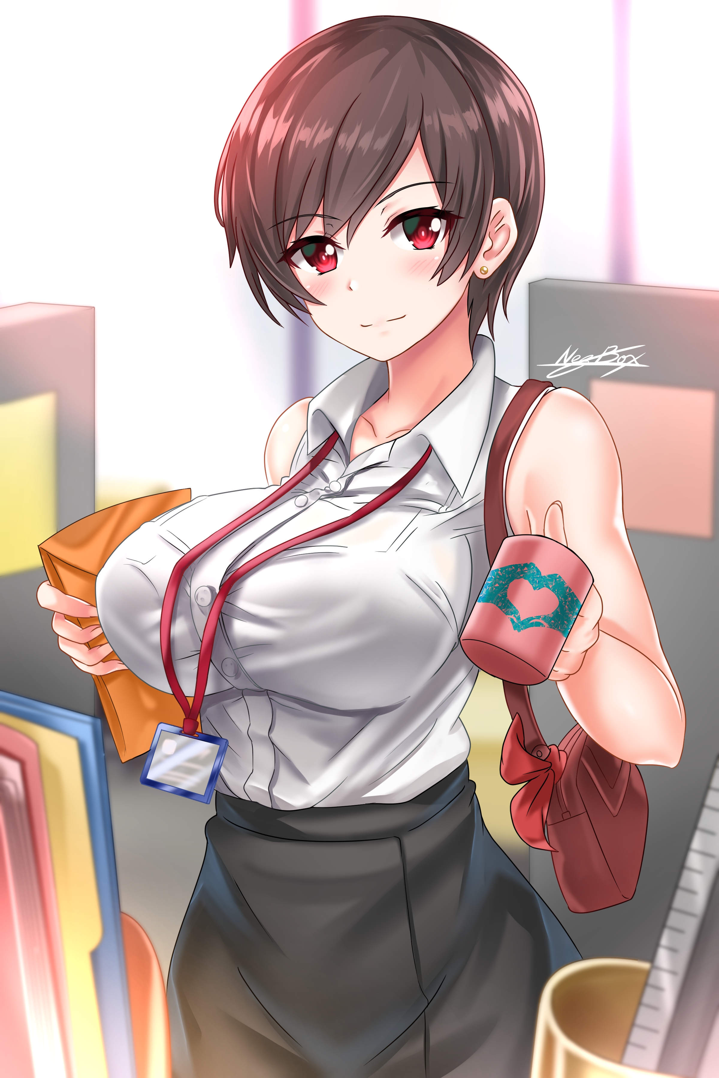 Anime girl with red eyes holding a folder and mug HD Phone Wallpaper