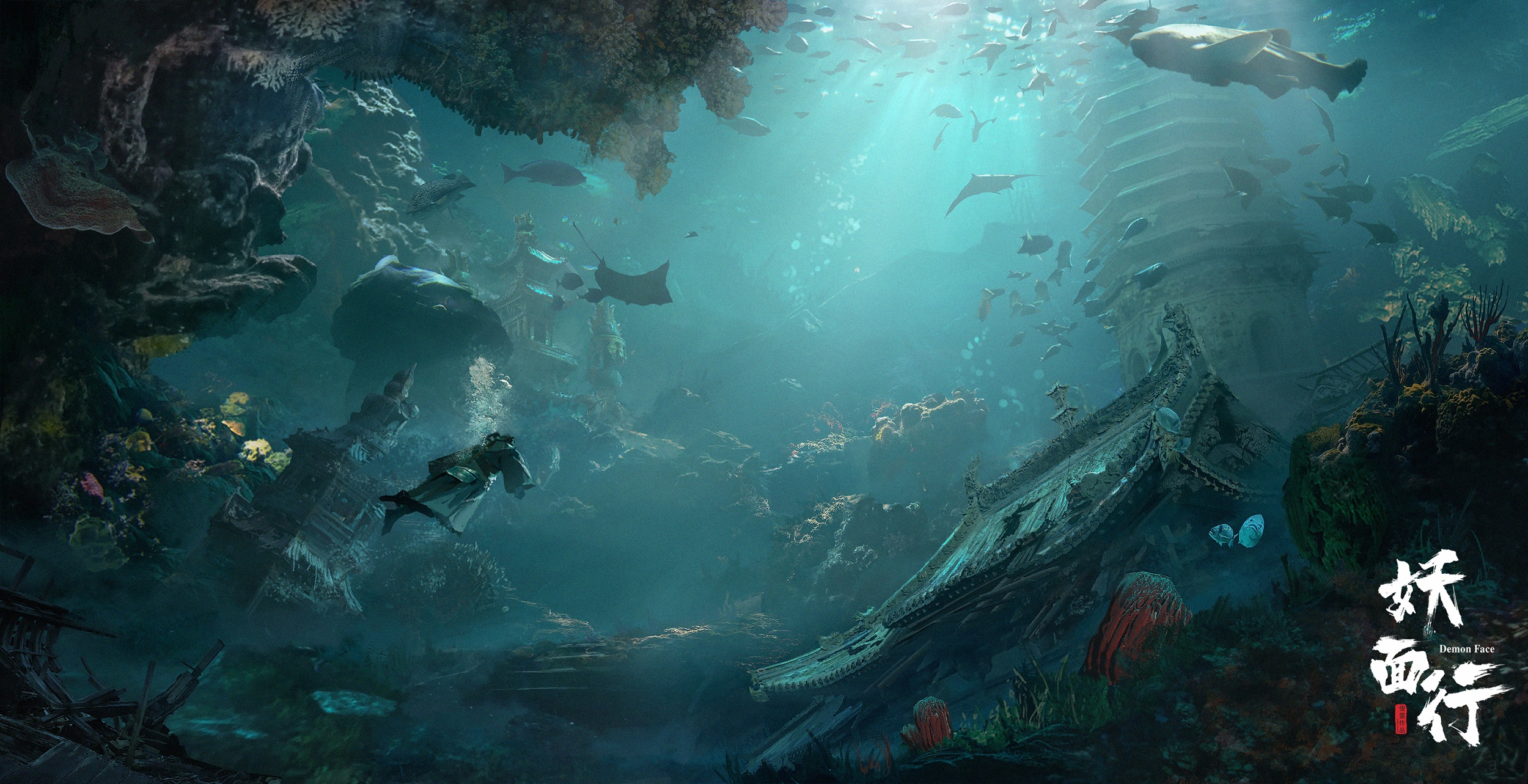 Underwater ruins with a diver and fish HD Wallpaper