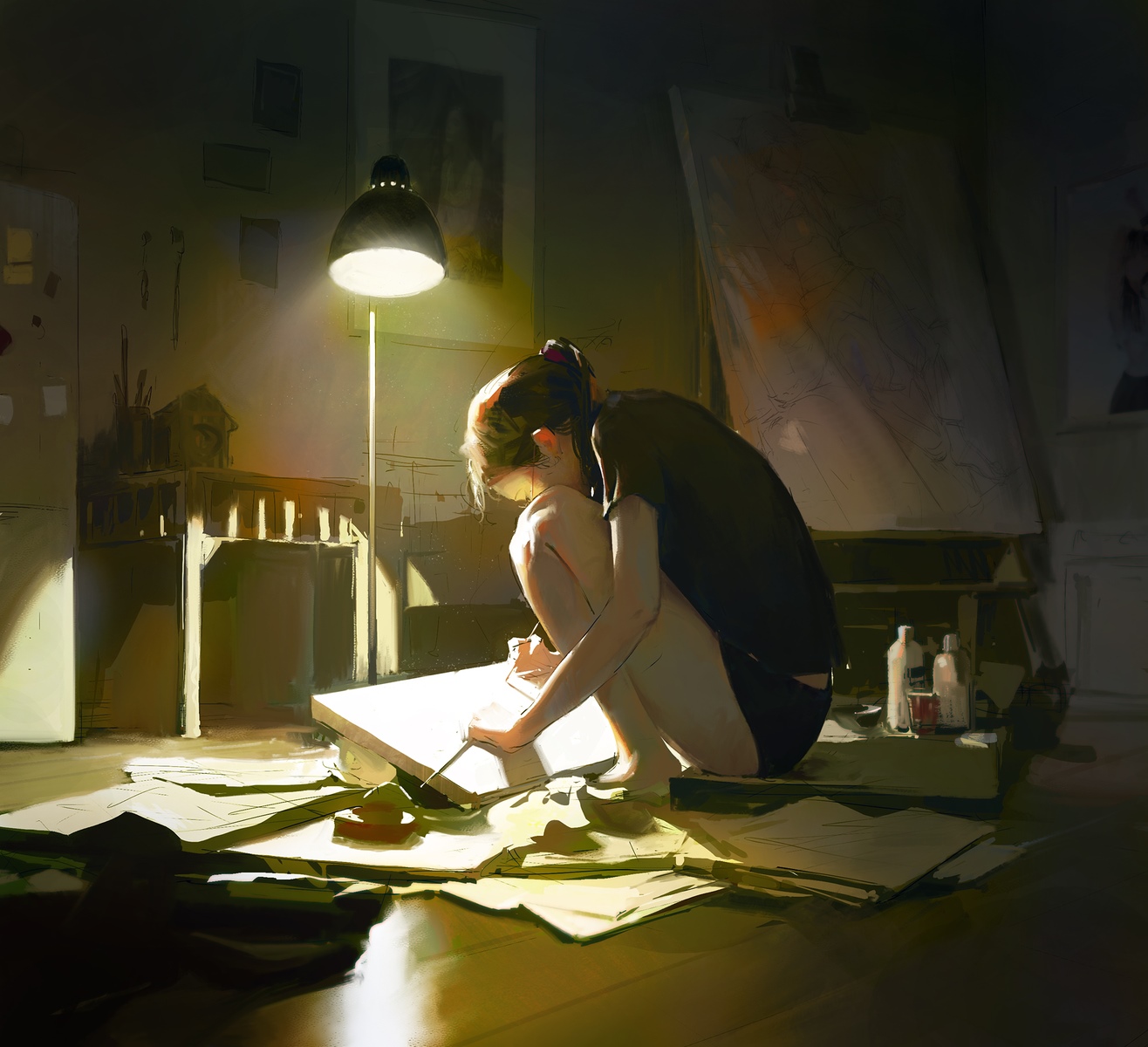 Artist painting at night under a lamp HD Wallpaper
