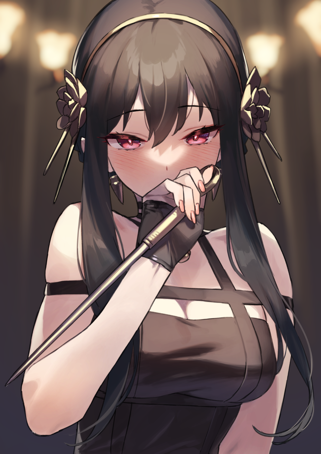 Yor Forger with red eyes holding a knife HD Phone Wallpaper