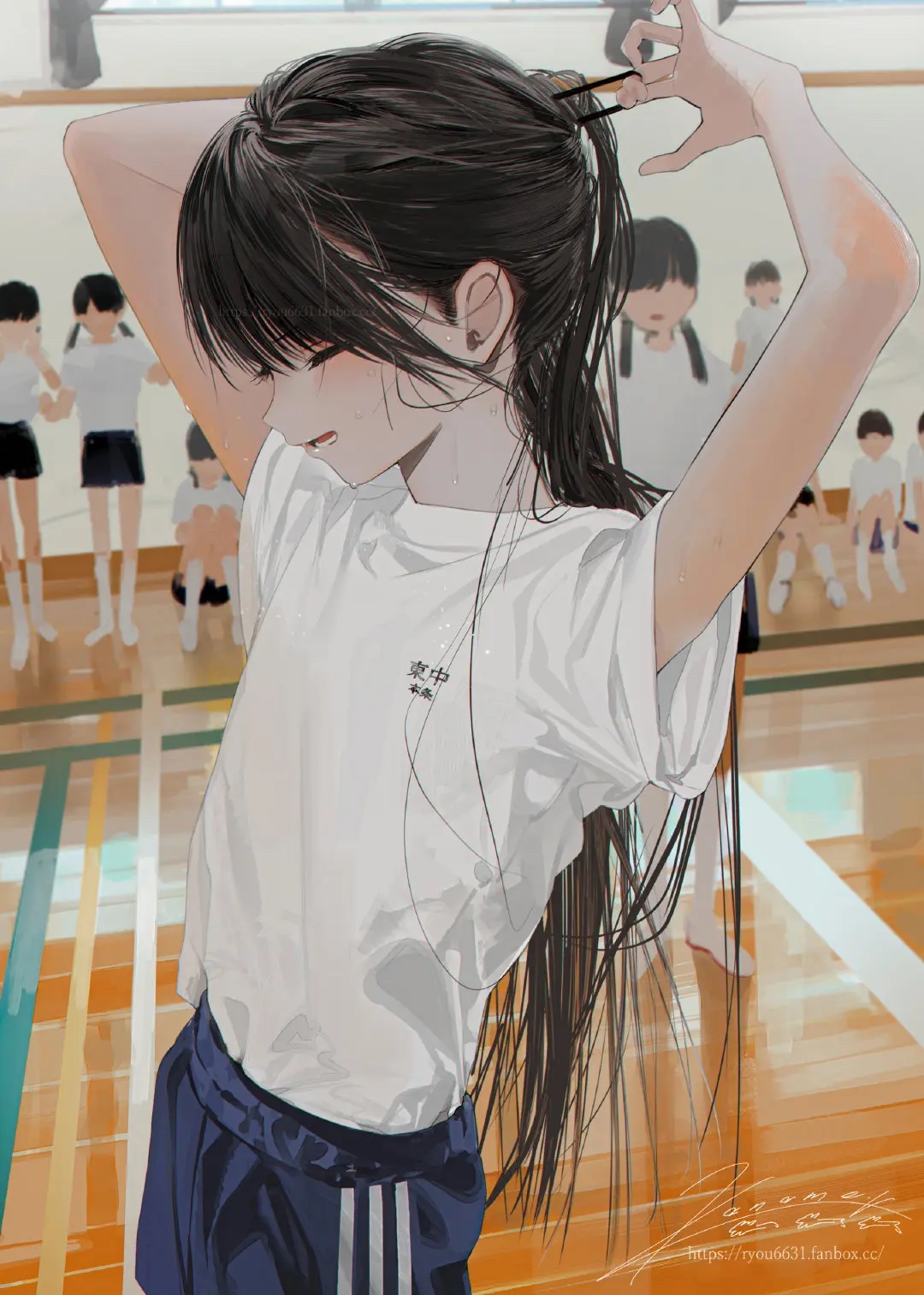Schoolgirl tying her hair in a gym HD Phone Wallpaper