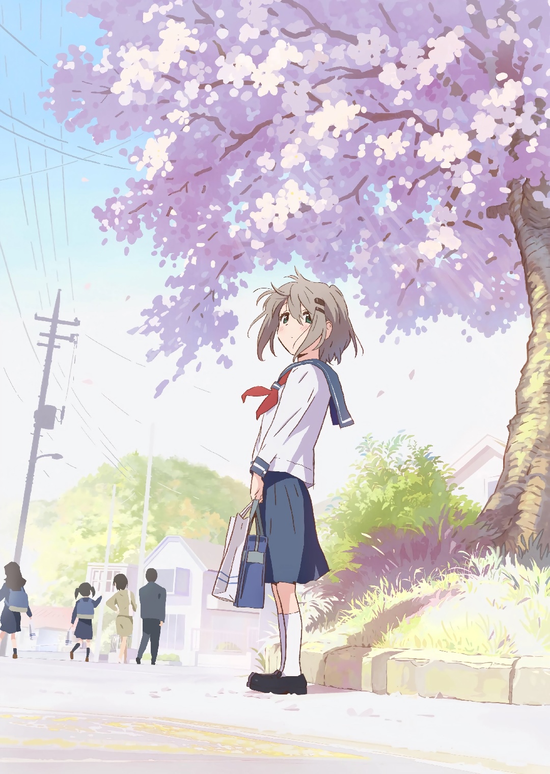 Anime schoolgirl under a cherry blossom tree HD Phone Wallpaper
