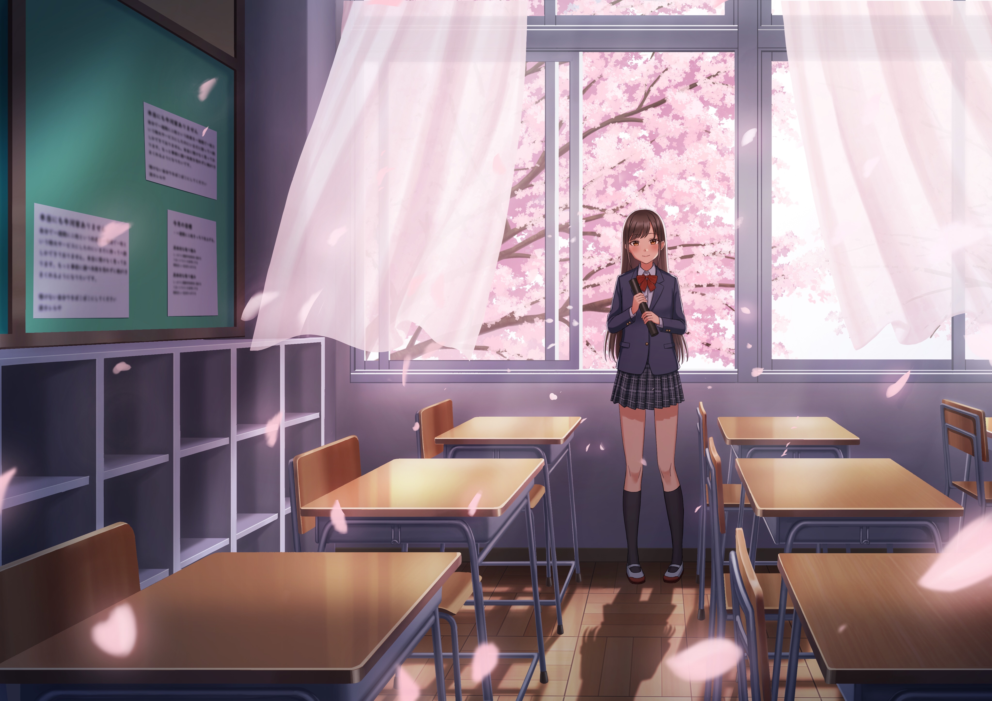 4K classroom with cherry blossoms and school uniform HD Wallpaper