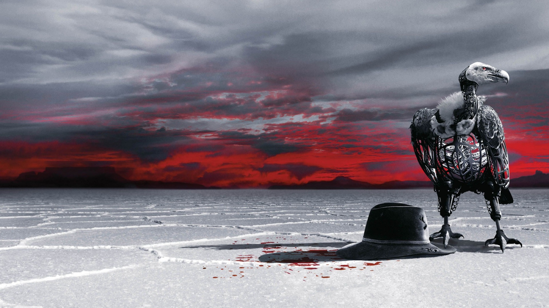 Westworld robot vulture and hat on salt flats HD Wallpaper