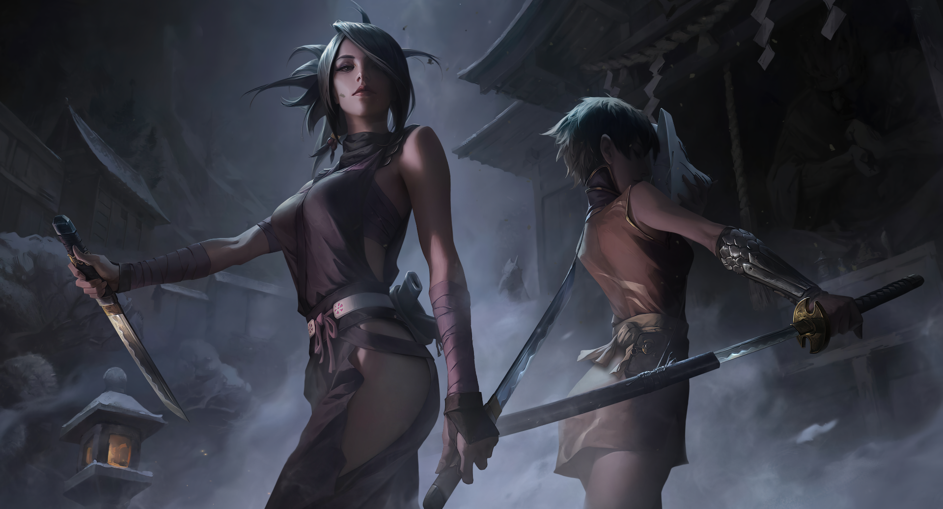 Two anime women with swords in a temple HD Wallpaper