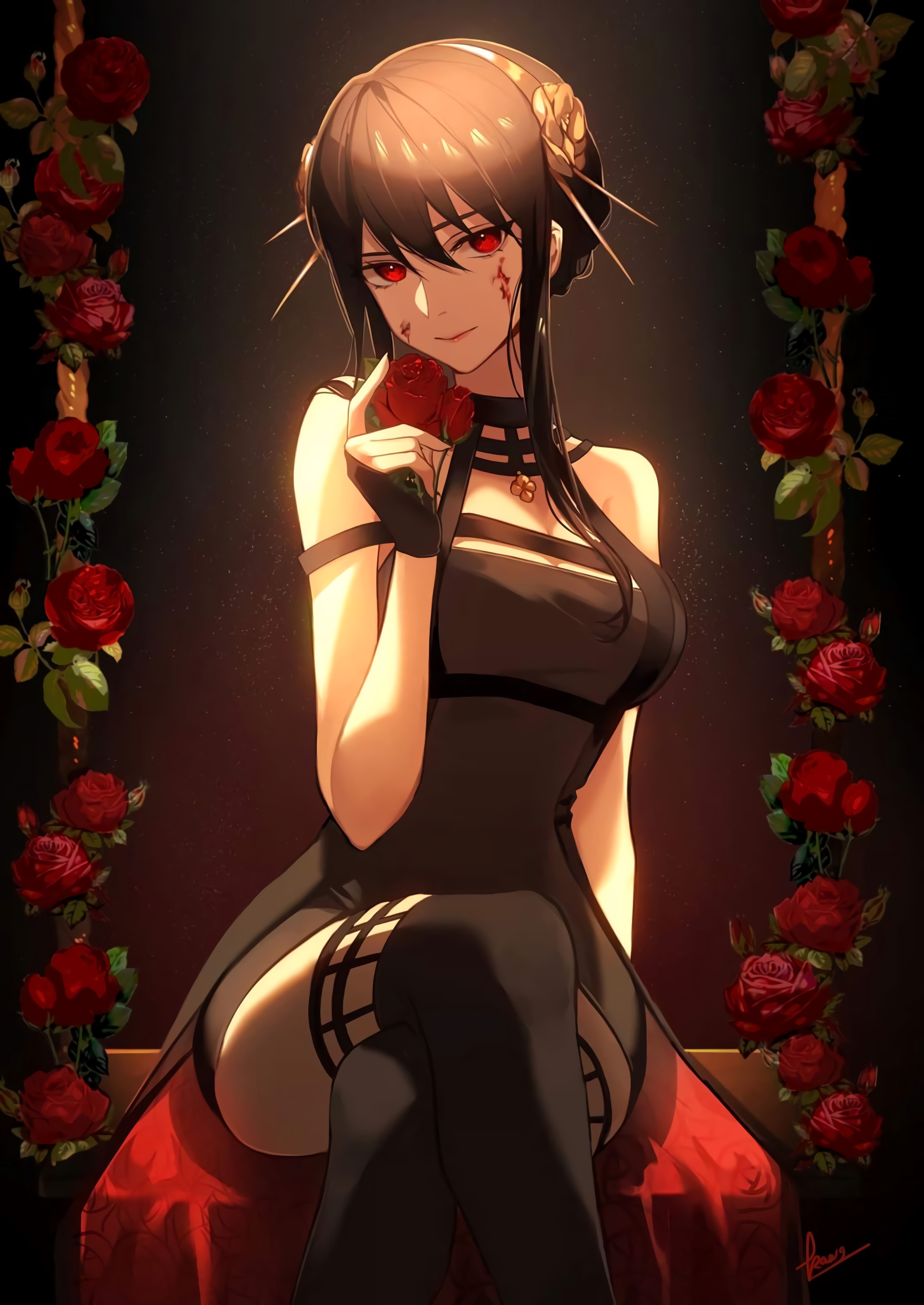 Yor Forger from Spy x Family holding a rose HD Phone Wallpaper
