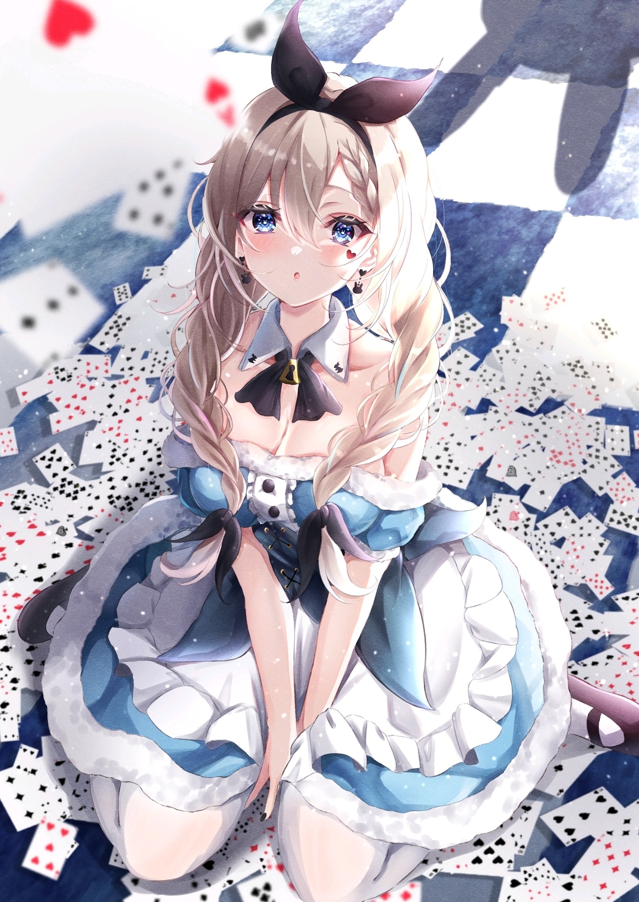 Anime girl in Alice in Wonderland outfit surrounded by cards HD Phone Wallpaper