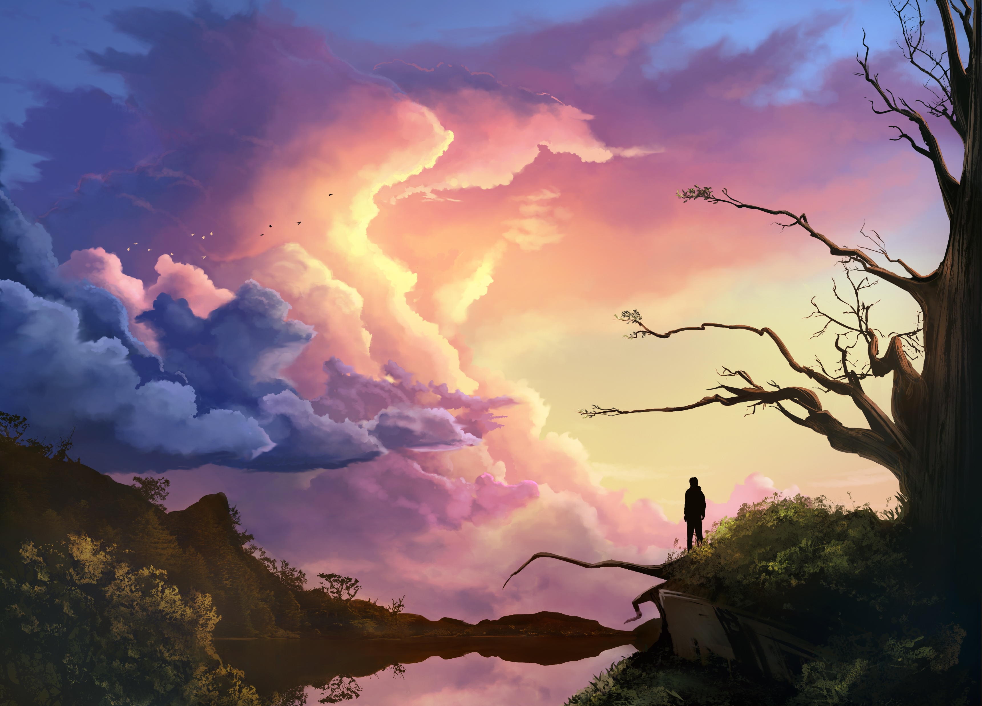 Man watching colorful sunset clouds over a lake HD Wallpaper