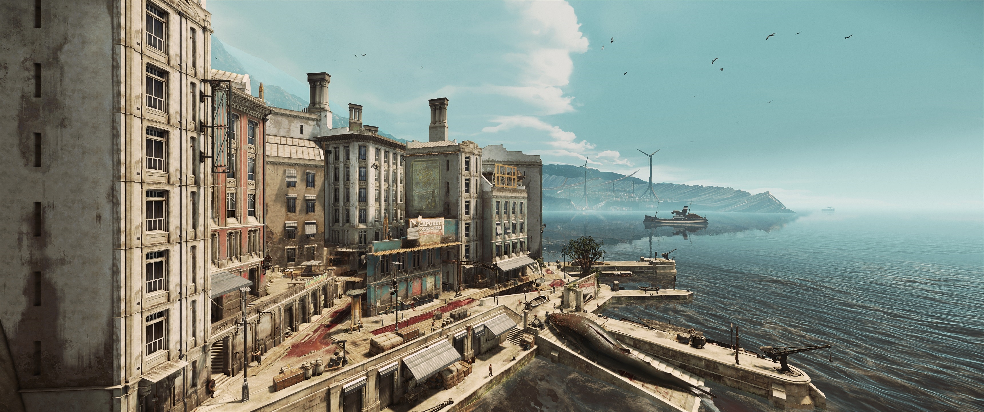 Dishonored 2 cityscape with harbor and distant windmills HD Wallpaper
