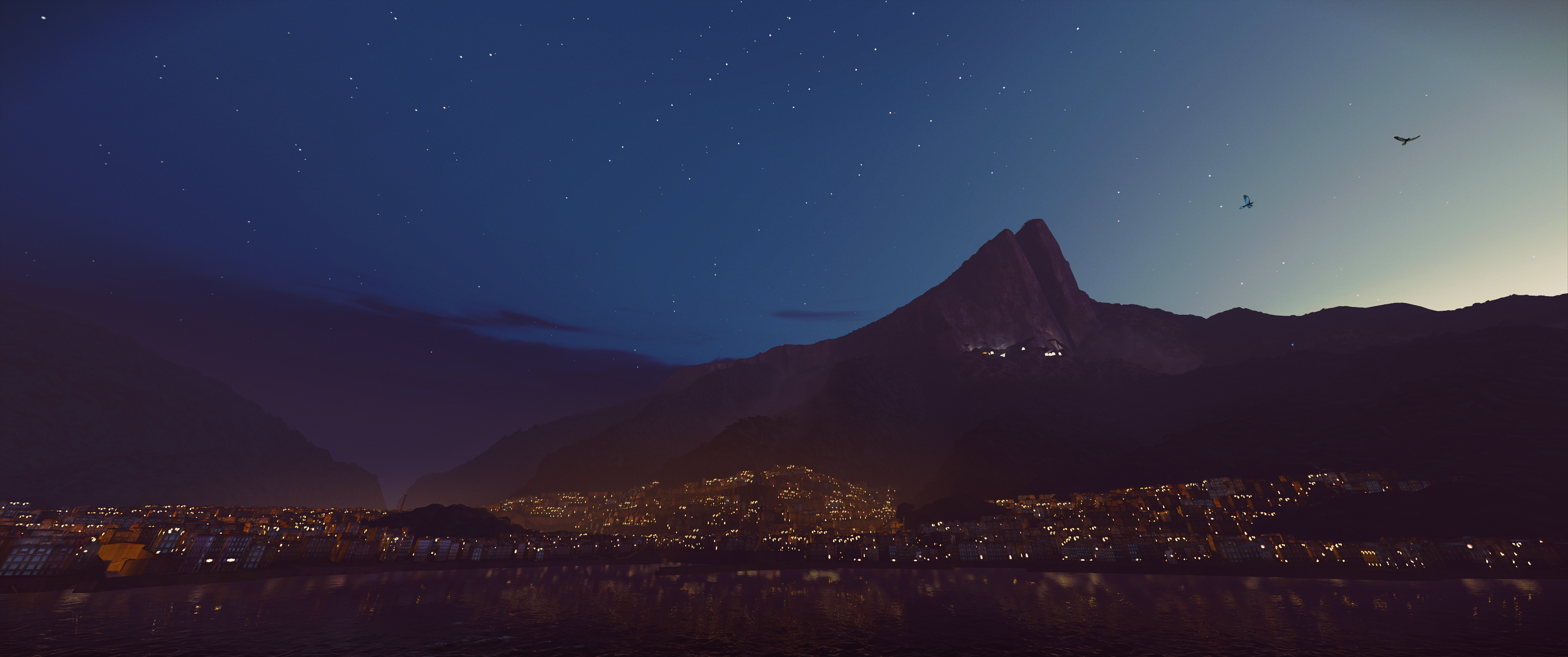 Dishonored 2 cityscape at night with mountains HD Wallpaper