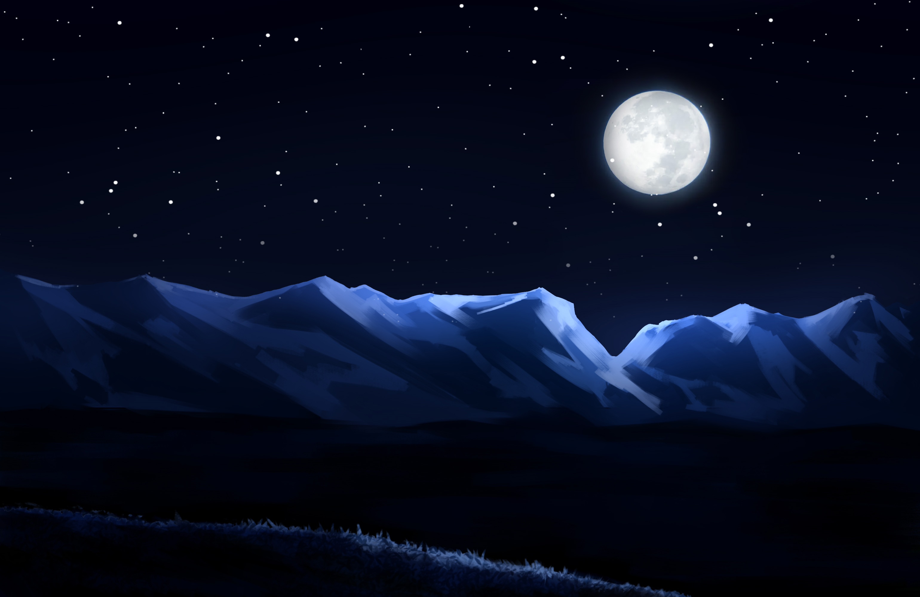 Moonlit Mountains Under a Starry Night Sky HD Wallpaper