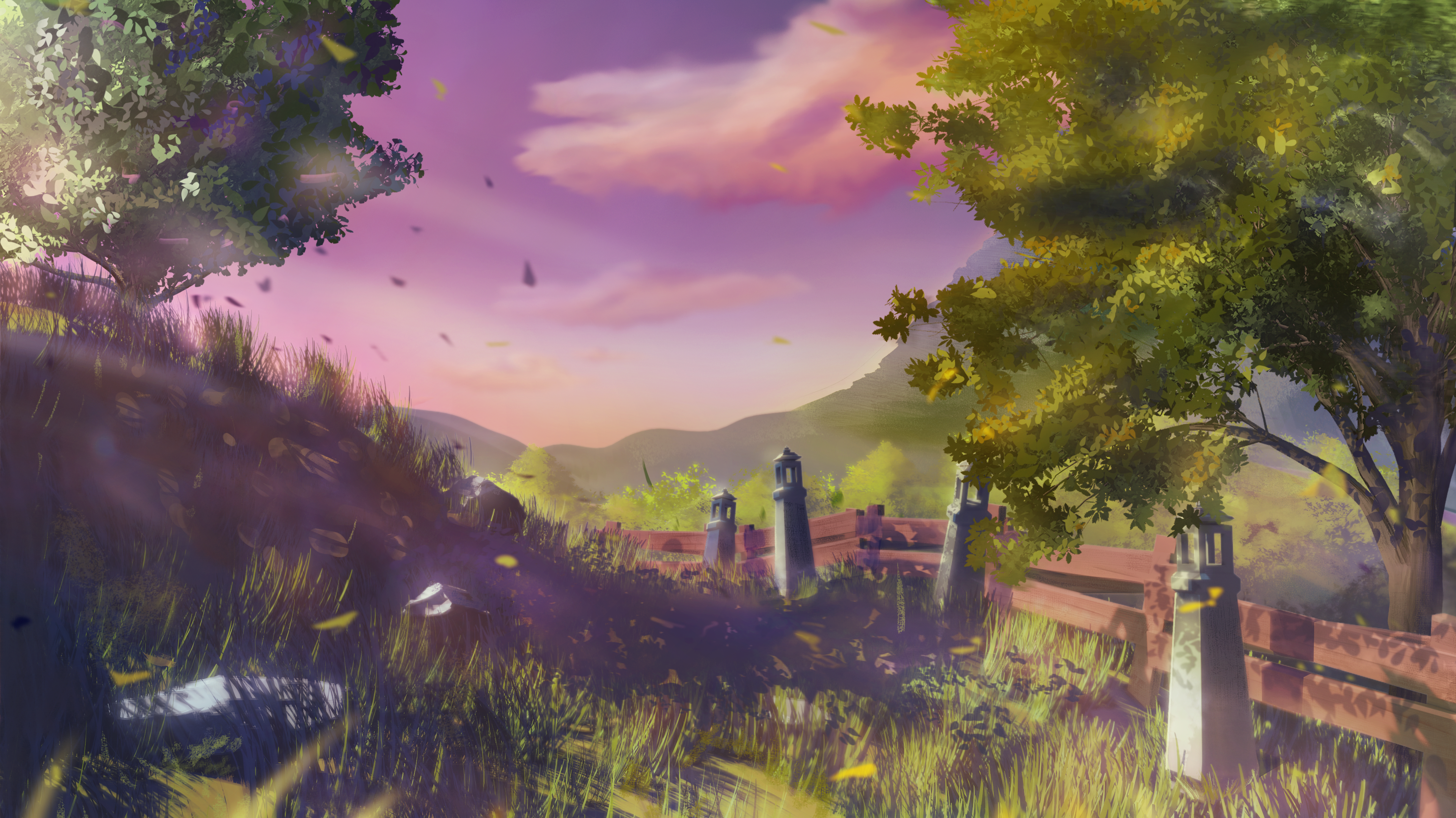 Colorful landscape painting of grass and trees HD Wallpaper
