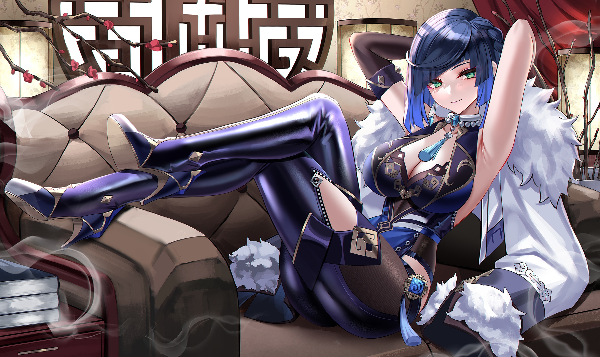 Yelan from Genshin Impact lounging on a couch HD Wallpaper