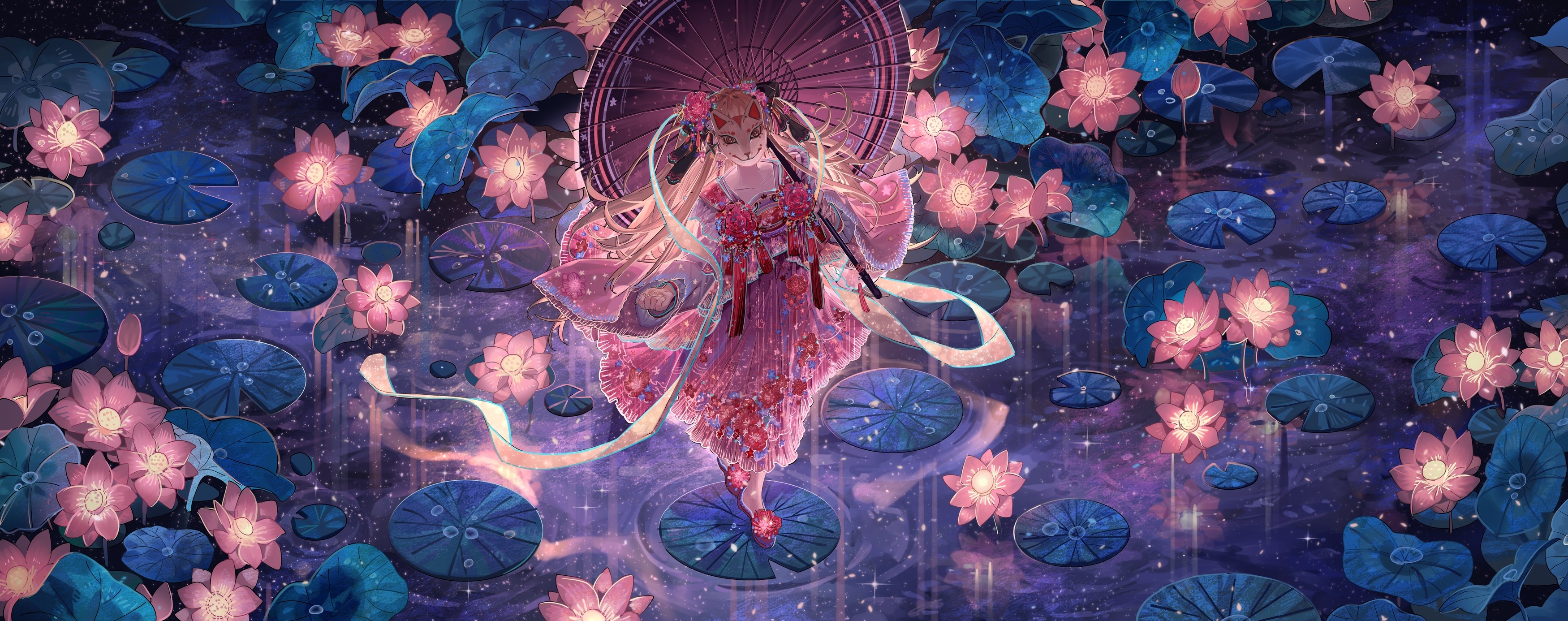 Girl with umbrella among water lilies HD Wallpaper