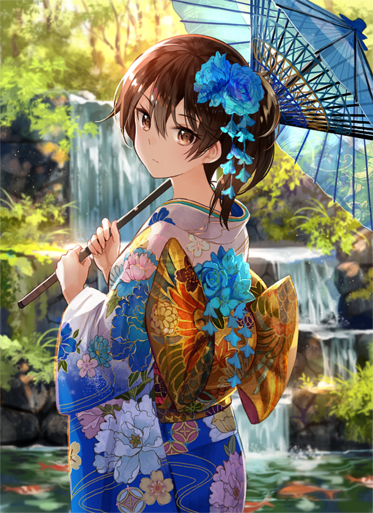 Kaga in a Kimono with an Umbrella HD Phone Wallpaper