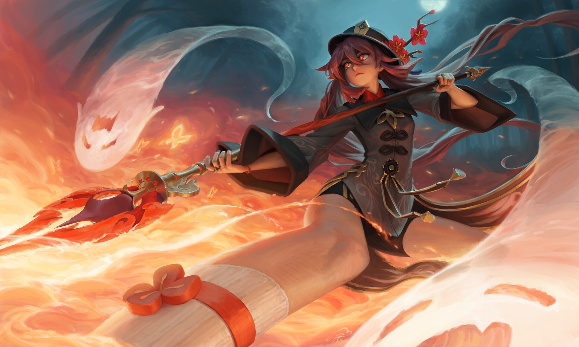 Hu Tao with Spear and Ghost in Genshin Impact HD Wallpaper