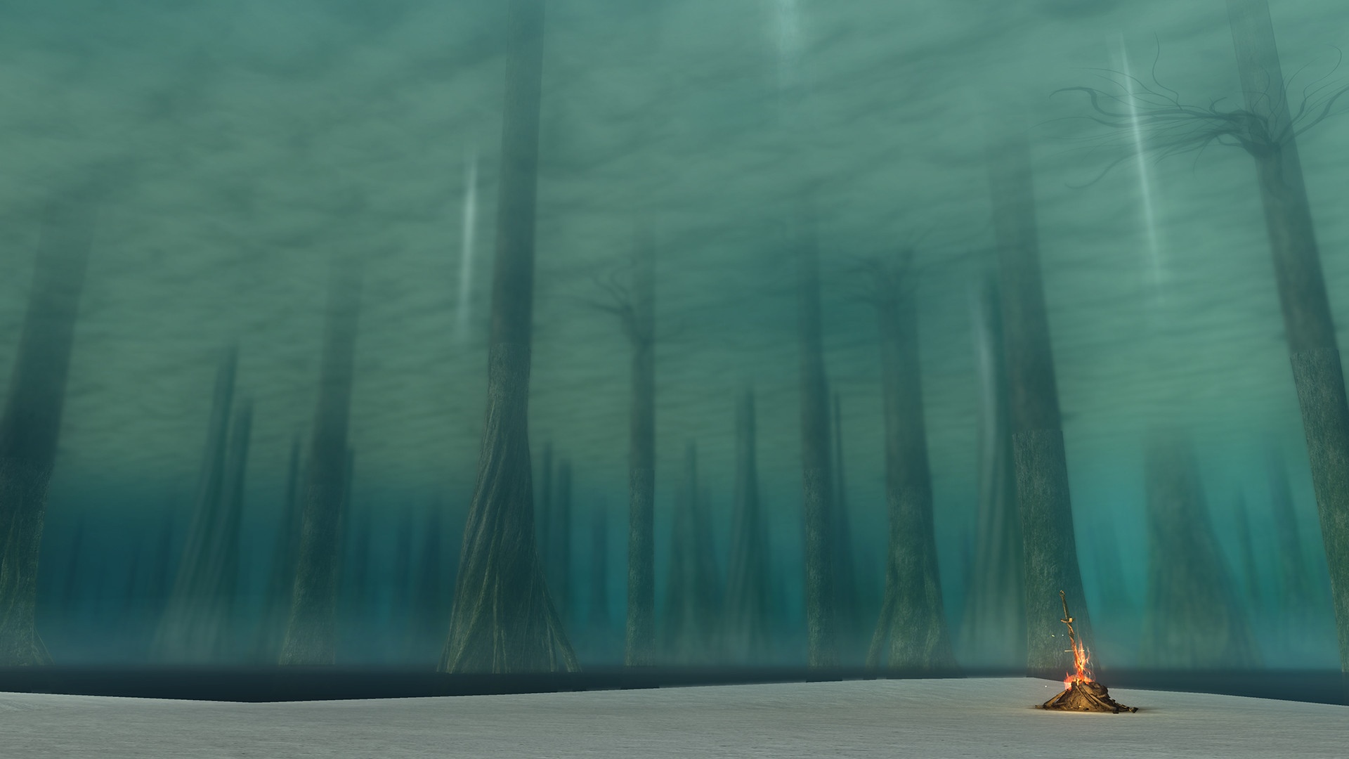 Dark Souls Ash Lake bonfire in a submerged forest HD Wallpaper