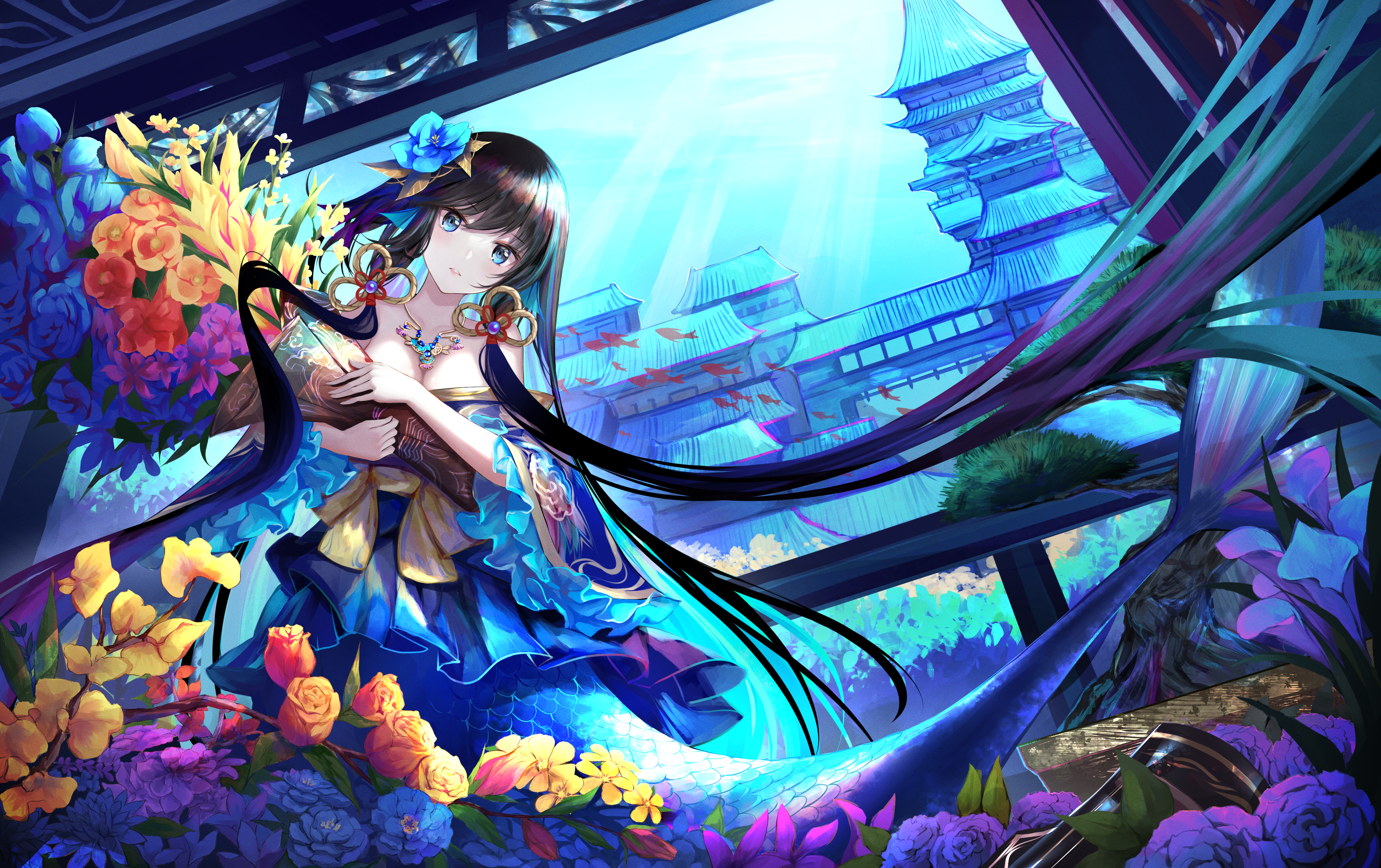 4K Mermaid with Flowers and Japanese Castle HD Wallpaper