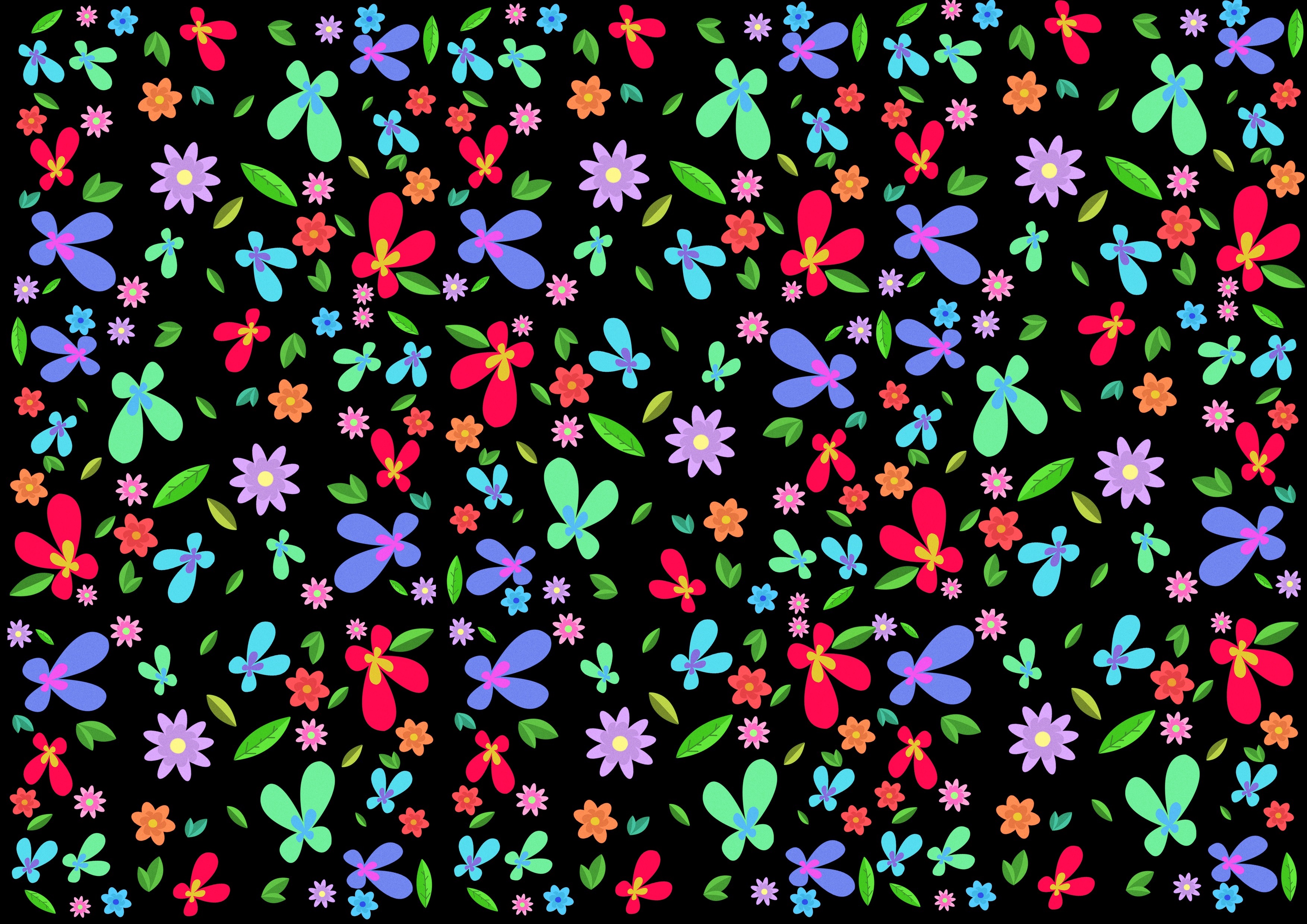 Colorful flowers and leaves pattern on black background HD Wallpaper