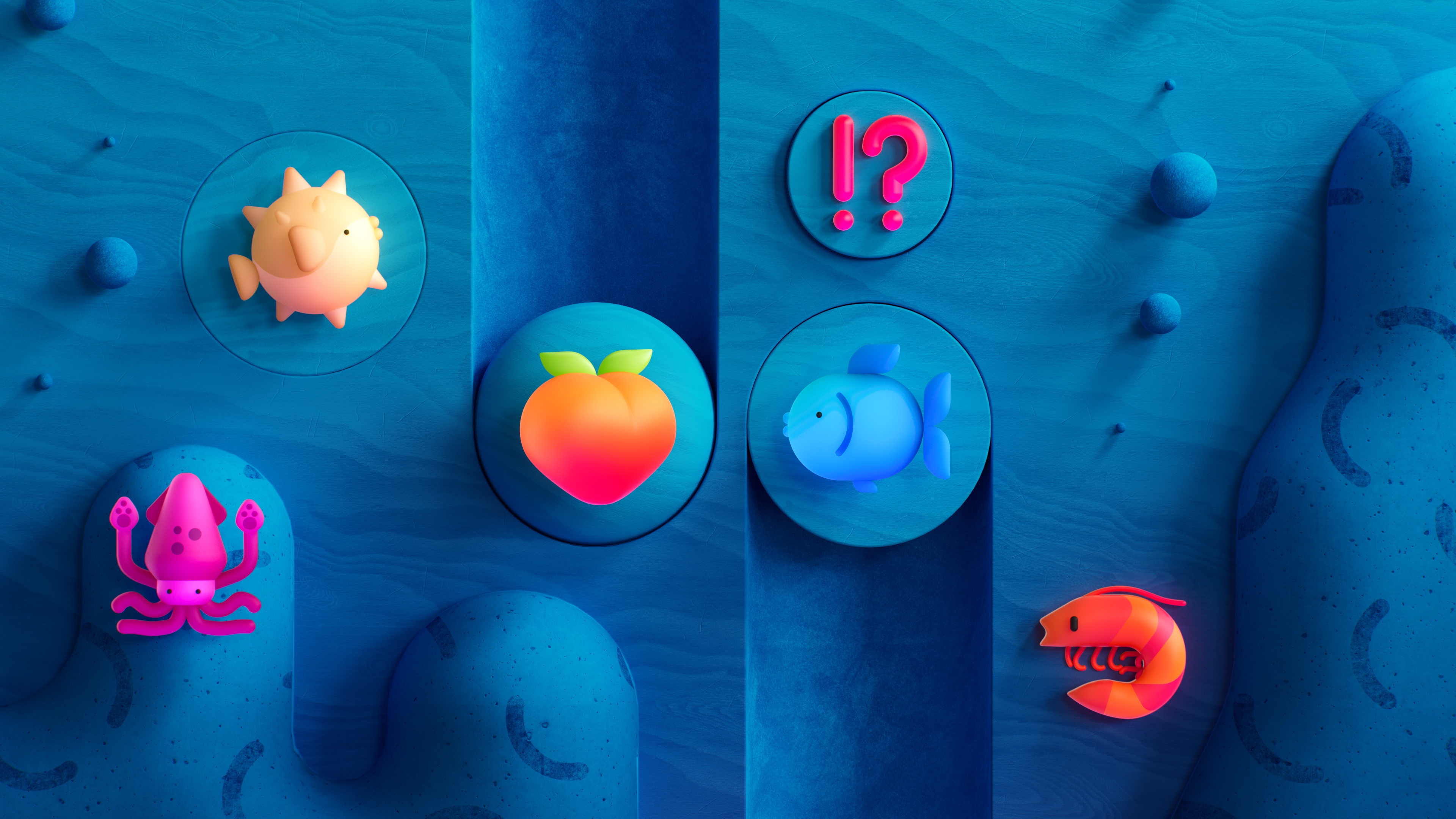4K blue icons with sea creatures and fruit HD Wallpaper