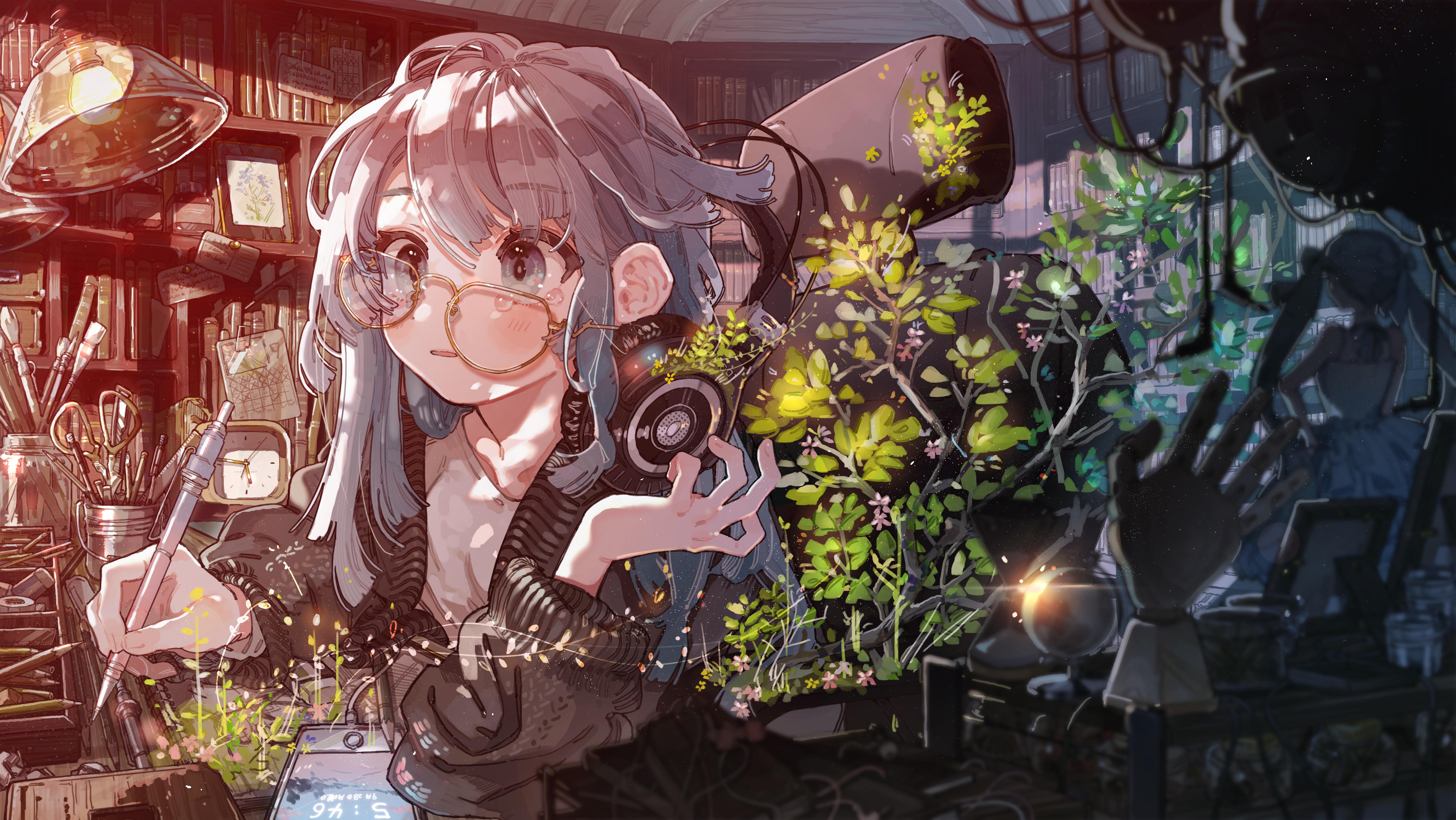 Girl with headphones in a studio with plants HD Wallpaper