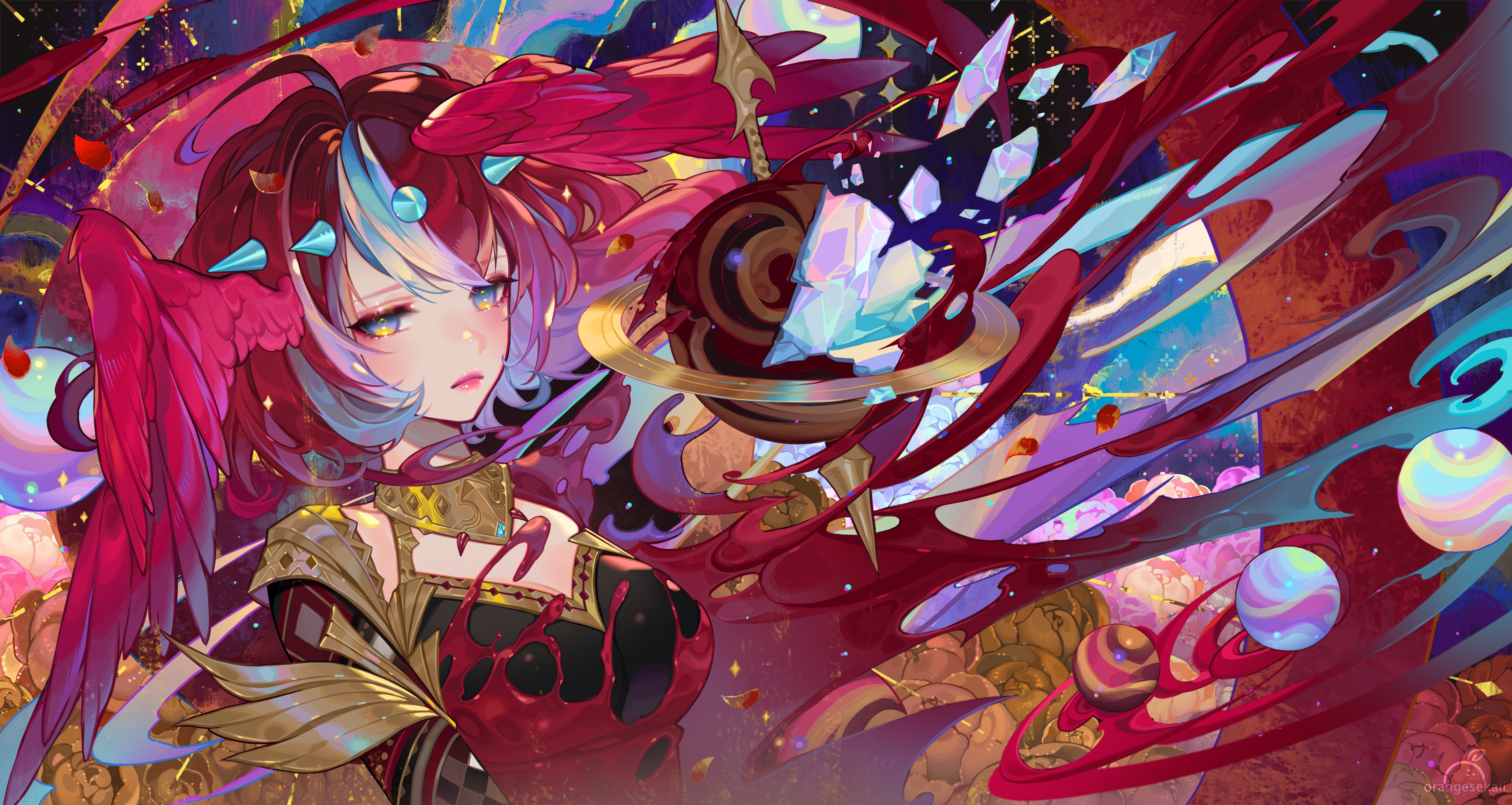 4K anime girl with red wings and horns HD Wallpaper