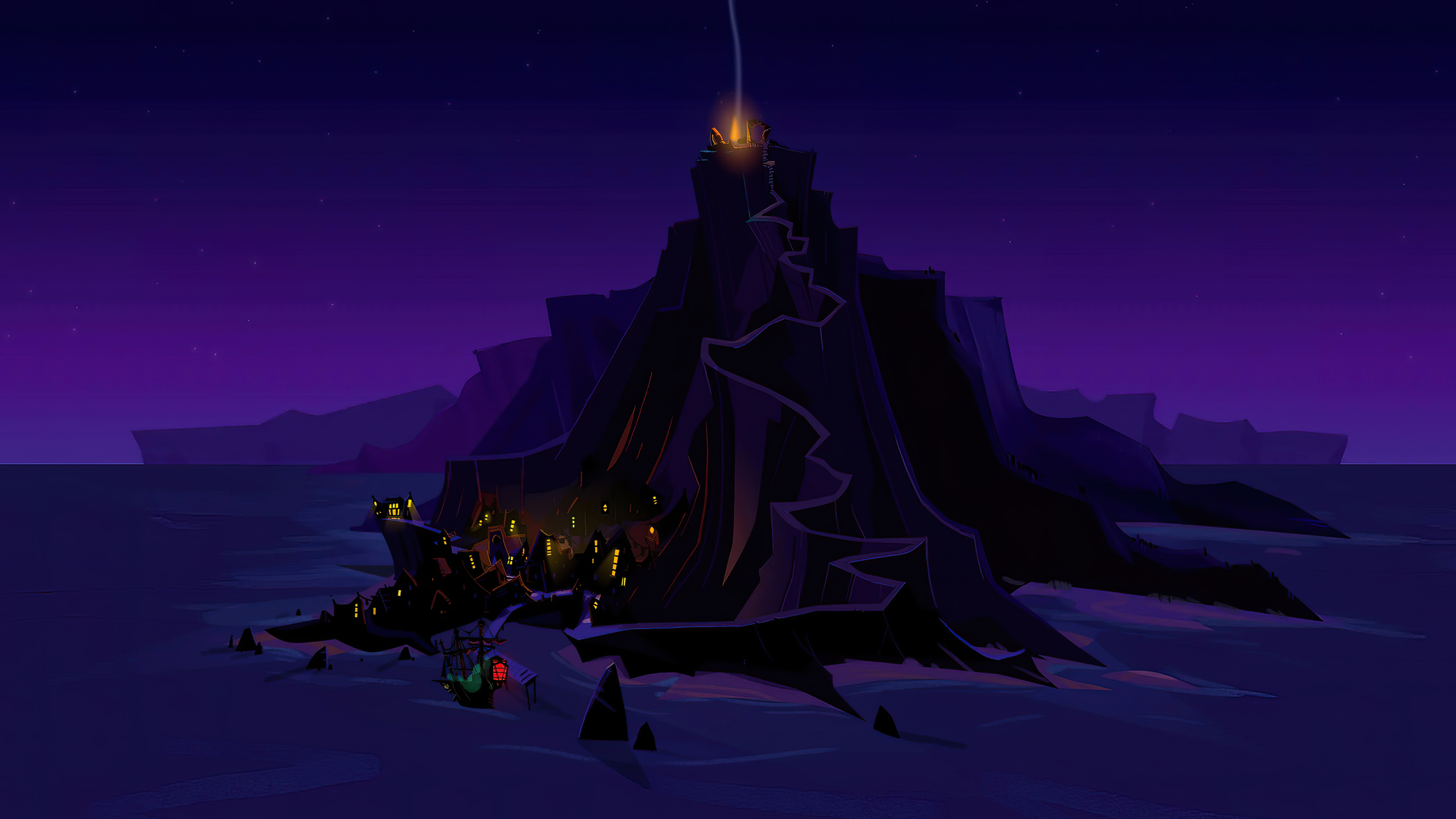 Return to Monkey Island: A dark island with a beacon at night HD Wallpaper