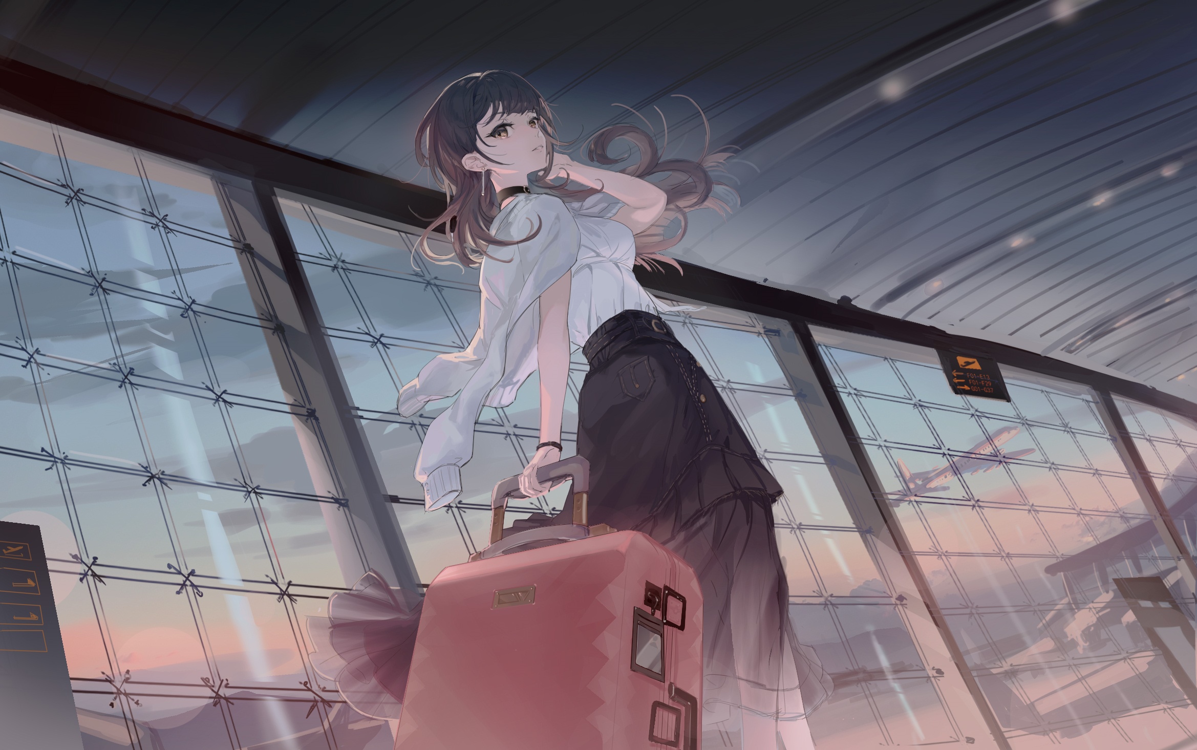 Girl with suitcase at the airport HD Wallpaper