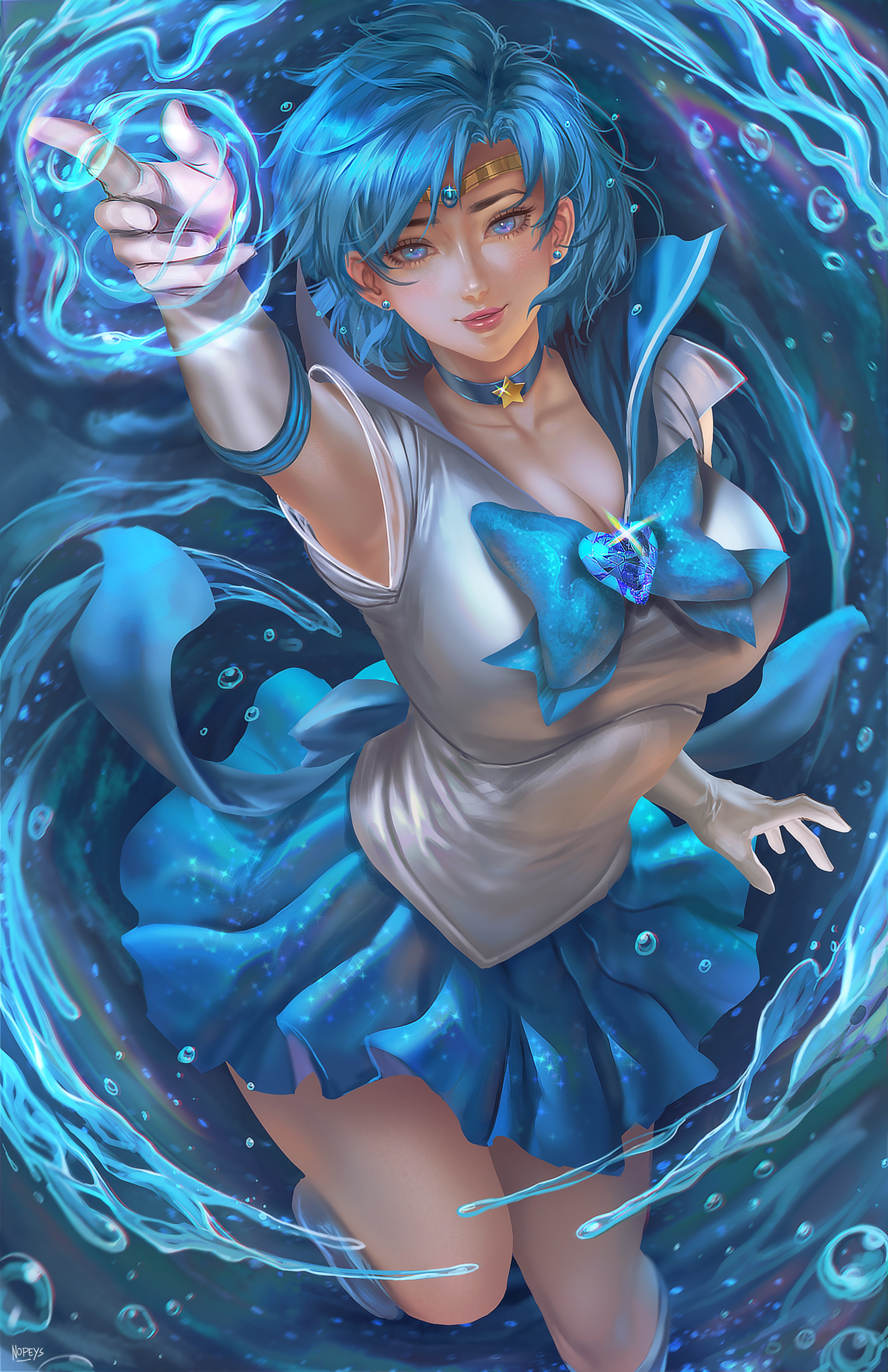 Sailor Mercury using water magic, fan art HD Phone Wallpaper