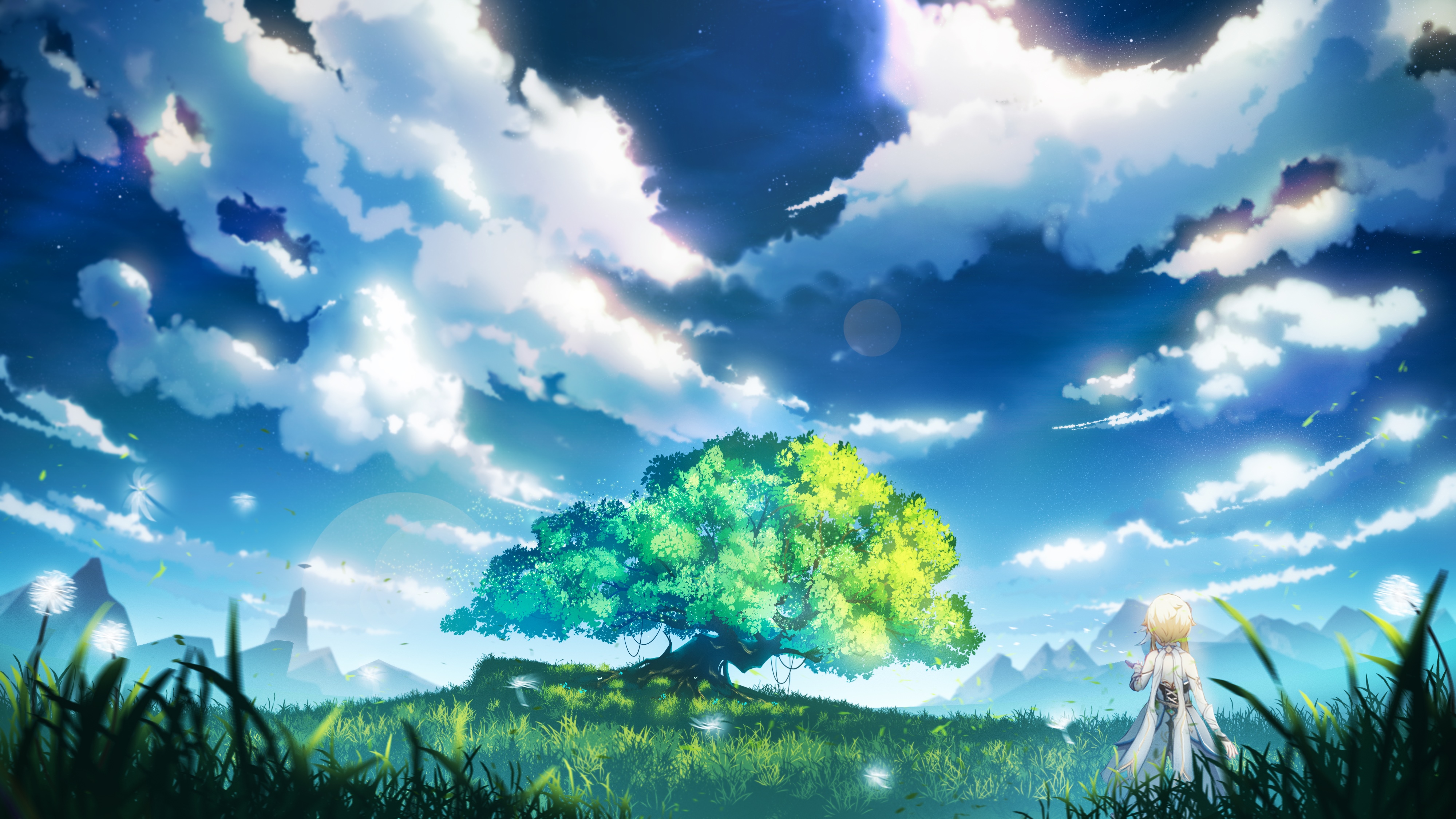Genshin Impact: A lone traveler beneath a vast sky HD Wallpaper