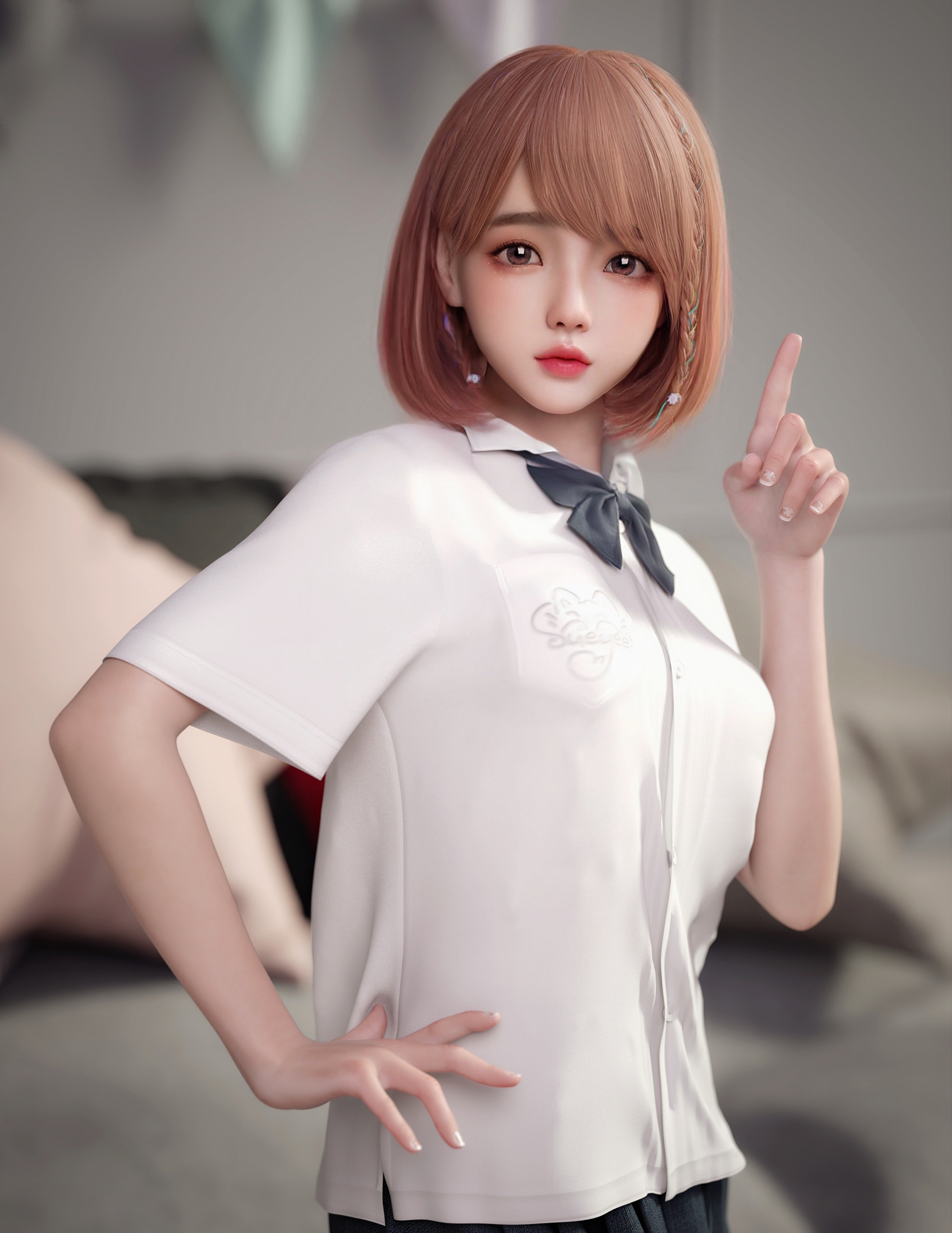 A young anime girl in a school uniform pointing up HD Phone Wallpaper