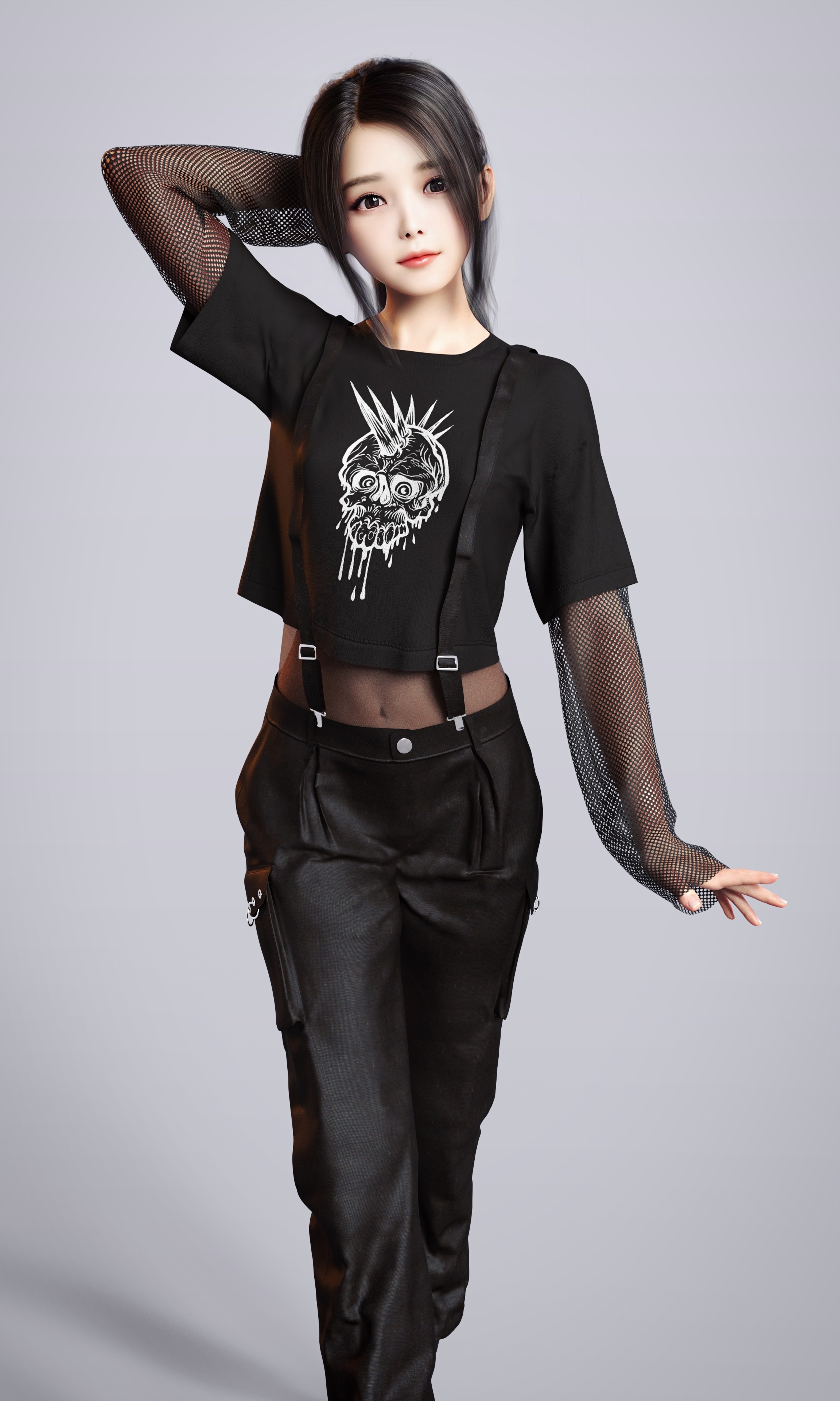 Woman in black punk outfit with skull graphic HD Phone Wallpaper